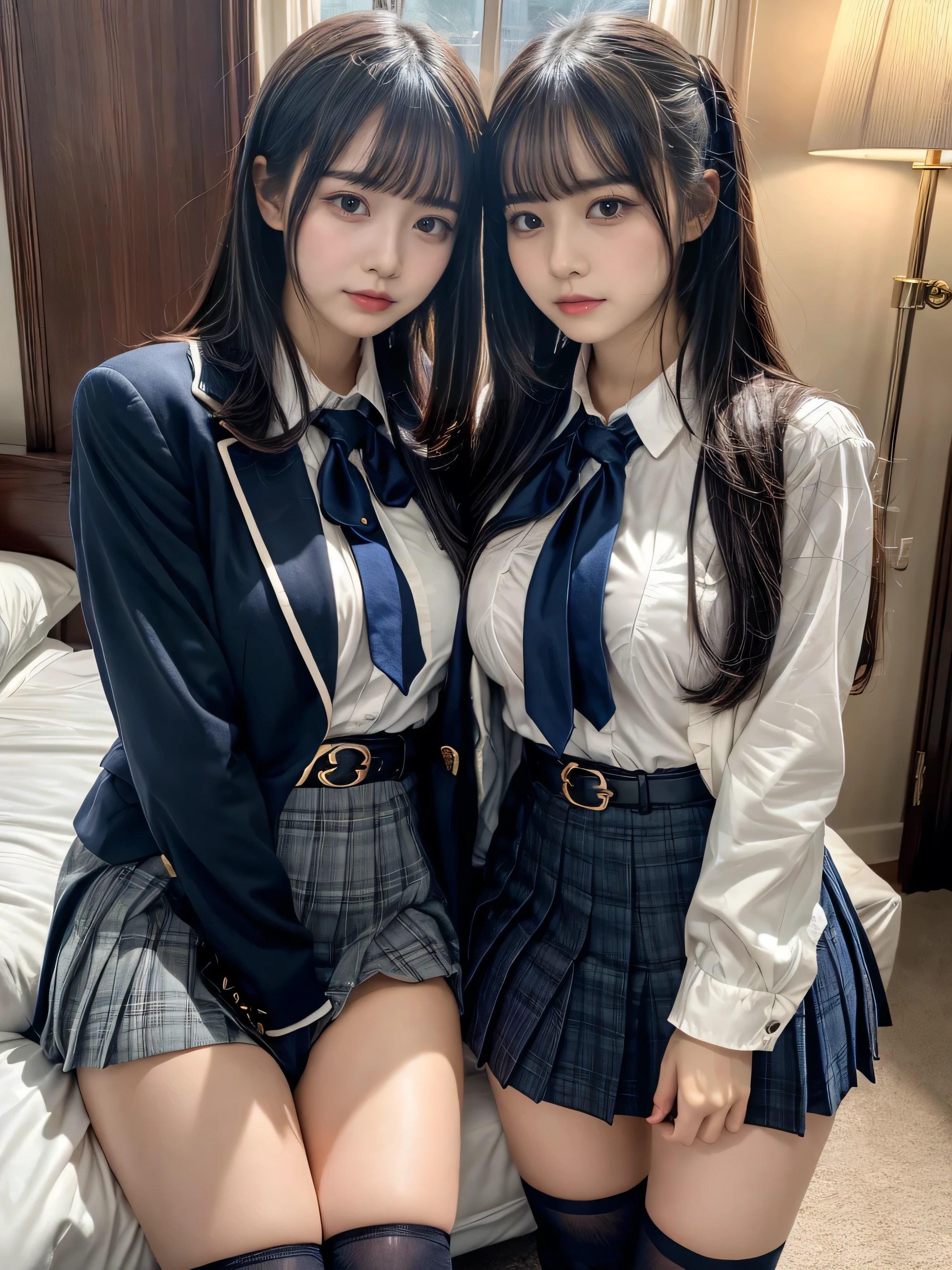 (8K, Raw photography, top-quality, masterpiece:1.2), muster piece, best quality, illustration, Super detailed, fine details, High resolution, 8K,wall paper, perfect dynamic composition,(Details High quality, realistic depiction of eyes:1.3), ((2 girls, 2 schoolgirls)), The background is a luxury hotel room、High school girl uniform、blazer 、Super Short Check Uniform Skirt、Navy blue high socks、garterbelts、Colossal tits、Disturbed uniform, Play with each other,Touching each other's bodies,Touching the body of the girl next door, short bob hair, black hair color, huge breasts, Big Natural Color Lip, bold sexy pose, (perfect body shape), crying a little、cold gaze, Beautiful makeup,glitter makeup,Cutest 18 years old、 beautiful legs, hposing Gravure Idol, Voluptuous thighs