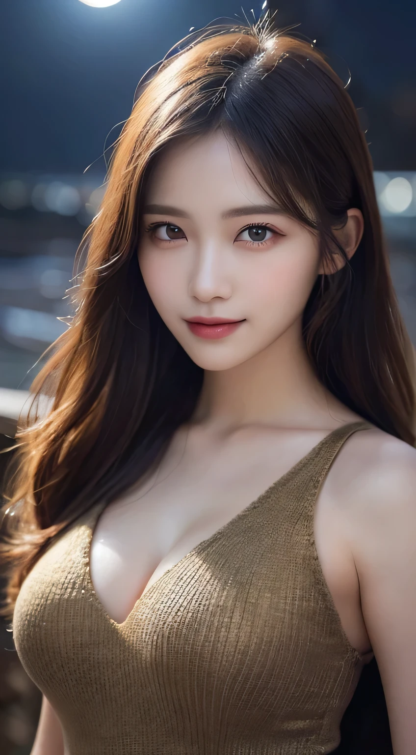 Body portrait, 8K, thin and beautiful eyes, Dindal effect, masterpiece, top quality, high quality, high resolution, very detailed photo, (natural skin texture, fine skin, hyper realism, super sharpness), high detail skin, (very fine, fine skin texture, intricate details, beautiful face, (realistic face), realistic eyes, beautifully detailed eyes, realistic skin, beautiful skin, surreal, very detailed Golden ratio, smiling eyes, ((night moonlight background) )), body portrait, G cup, big breasts, huge breasts, big breasts, glamorous, sexy knit dress,