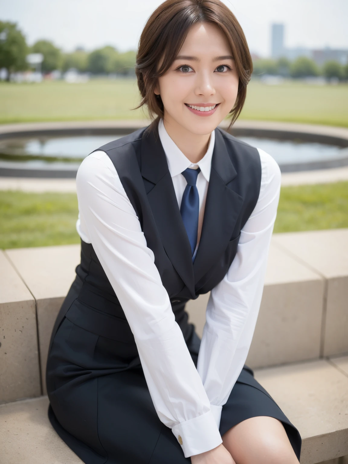 最high quality, In 8K, Masseter region, Vibrant, Sharp focus, high quality, High resolution, Detailed face, fine grain, Thick lips, (Looking at the audience), alone, Beautiful woman, 38 years old, Japanese women, (Short black hair:1.4)、(Bob Hair:1.4), Cleavage, Lunch break、Large city park、Green Grass、In front of a big fountain、(sitting on a park bench:1.3)、(Full body photo:1)、(Uniform of a Japanese female bank employee), (wearing a dark blue vest over a white blouse :1.5),( the vest has three vertical gold buttons:1.5), ( a red, blue, and white ribbon tie around her neck :1.6)、(Black pumps:1.5)、(Red lipstick:1)、(smile:1.3)、(standard body type)、(D cup breasts)