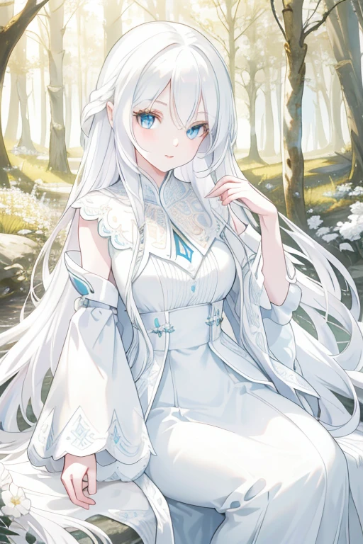 a beautiful white fox girl, delicate detailed facial features, beautiful eyes, long eyelashes, detailed lips, porcelain skin, flowing white hair, detailed fur, elegant white dress, graceful pose, serene expression, fantasy forest background, sunlight filtering through the trees, vibrant colors, warm lighting, intricate details, photorealistic, 8k, high quality, masterpiece