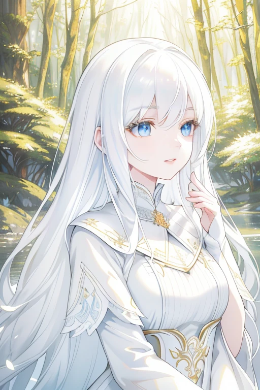 a beautiful white fox girl, delicate detailed facial features, beautiful eyes, long eyelashes, detailed lips, porcelain skin, flowing white hair, detailed fur, elegant white dress, graceful pose, serene expression, fantasy forest background, sunlight filtering through the trees, vibrant colors, warm lighting, intricate details, photorealistic, 8k, high quality, masterpiece