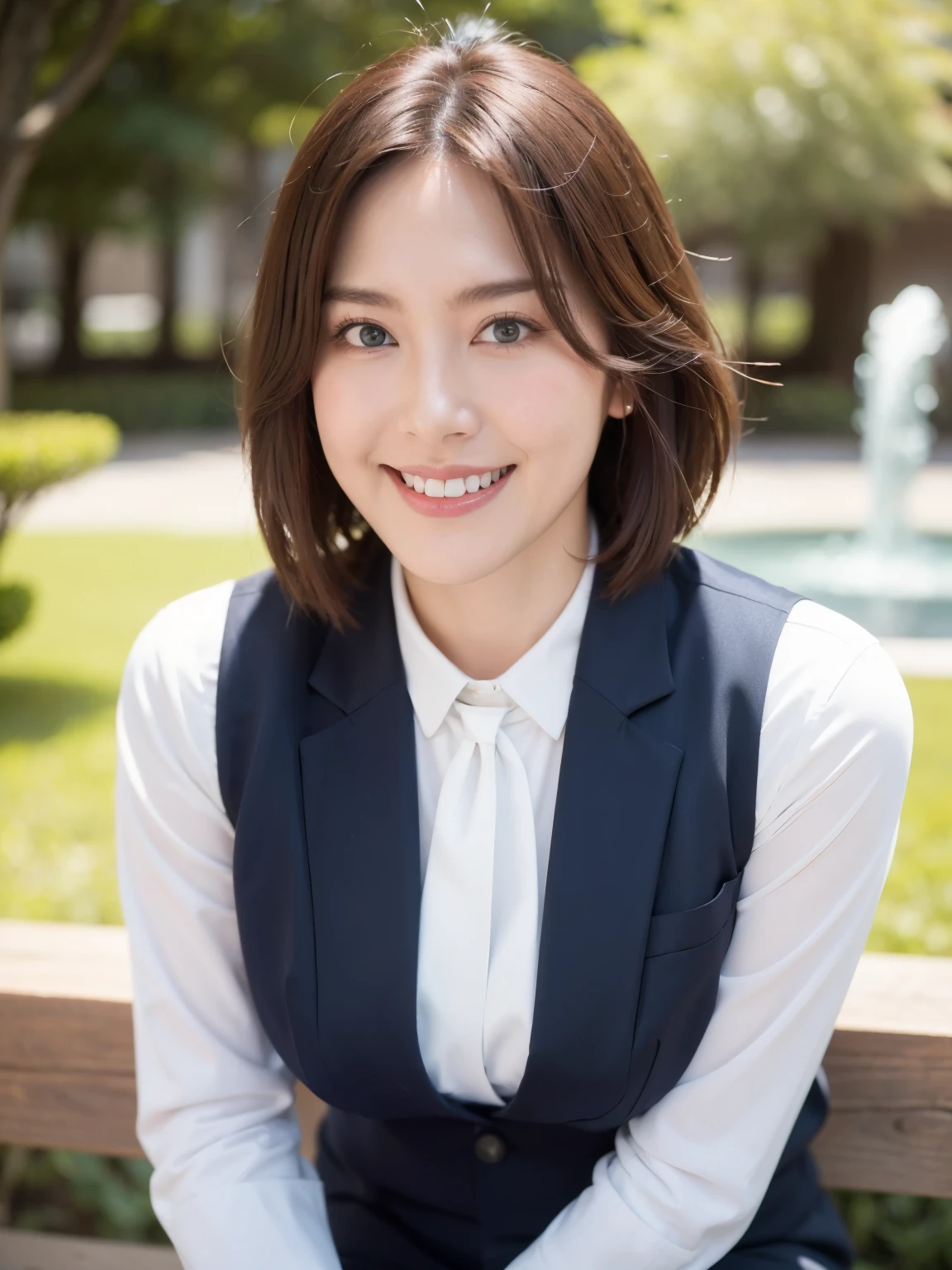 最high quality, In 8K, Masseter region, Vibrant, Sharp focus, high quality, High resolution, Detailed face, fine grain, Thick lips, (Looking at the audience), alone, Beautiful woman, 38 years old, Japanese women, (Short black hair:1.4)、(Bob Hair:1.4), Cleavage, Lunch break、Large city park、Green Grass、In front of a big fountain、(sitting on a park bench:1.3)、(Full body photo:1)、(Uniform of a Japanese female bank employee), (wearing a dark blue vest over a white blouse :1.5),( the vest has three vertical gold buttons:1.5), ( a red, blue, and white ribbon tie around her neck :1.6)、(Black pumps:1.5)、(Red lipstick:1)、(smile:1.3)、(standard body type)、(D cup breasts)