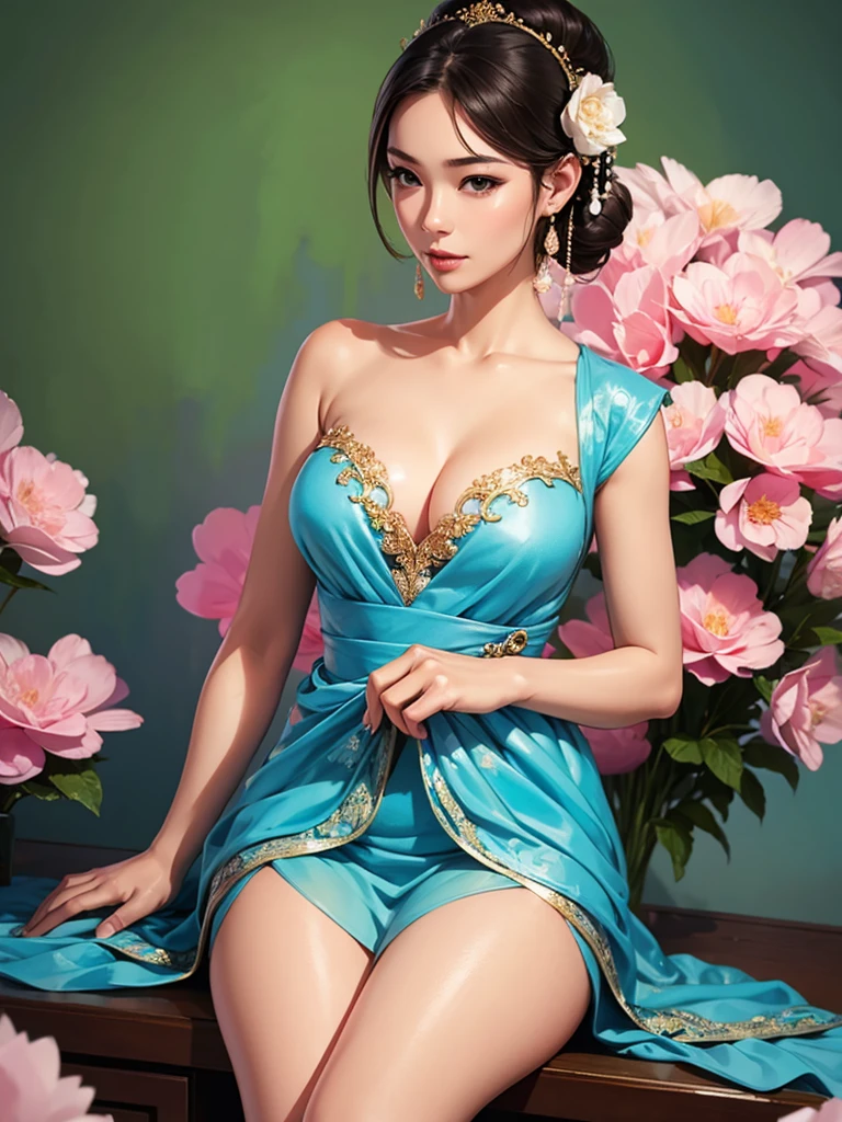 (best quality,ultra-detailed,realistic:1.37),(Korean:1.1)(beautiful detailed dress,adult,woman,detailed description),(beautiful detailed woman,beautiful Chinese background,exposed collarbone),(black eyes,natural eyes,realistic facial features,beautiful leg line),(sexy,full body photo,realistic body proportions,accurate eye ratio),(frontal photo,realistic and slender face),