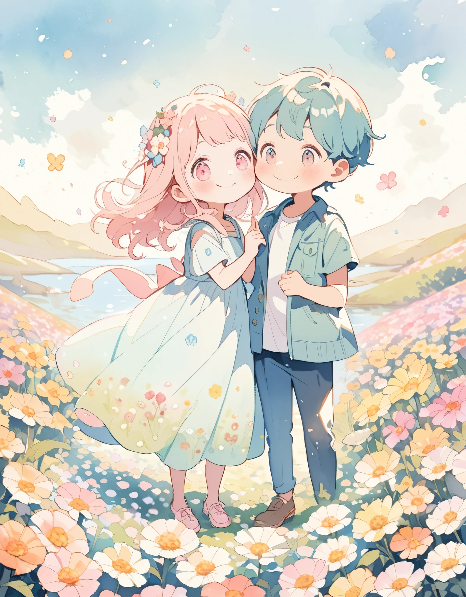 Boys and Girls, Cheek to cheek, ((Flower Field, pastel colour)), Lakeside, content:Watercolor. style:Whimsical and delicate, Like an illustration in a children's book.