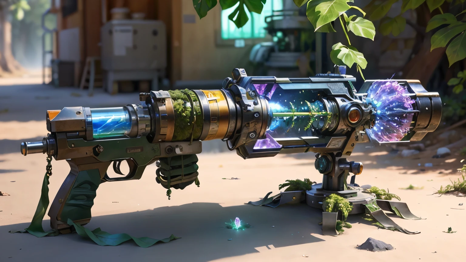 Science Fiction，unmanned，Gun with plants and crystals，Glowing rainbow gun，plasma，Plant and machine combination，moss，The vine plant attached to the gun，cgi，Realism，Light and Shadow，HD，Extreme details，high resolution，Outdoor scene on the ground，There are colorful particles floating around
