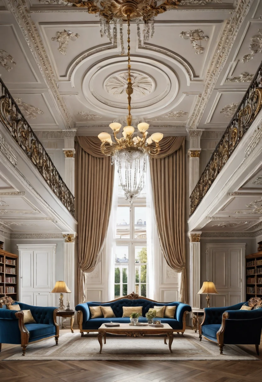 a view of a living room with a couch, chairs, and a chandelier, highly detailed interior, neo - classical style, neoclassical style, neoclassicism style, interior architecture view, interior living room, royal interior, classicism artstyle, library in the style of baroque, classicism style, realistic art deco, tall ceiling, detailed set design, high ceiling