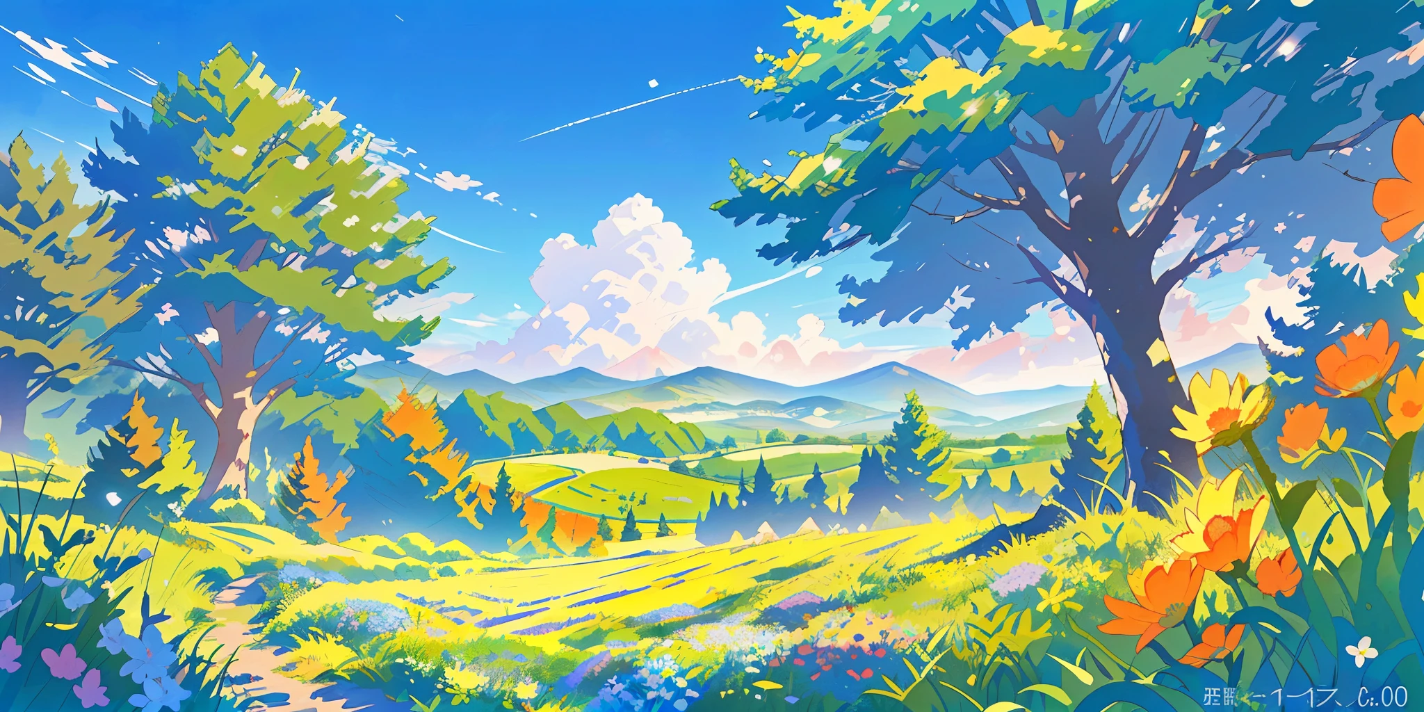 pixel art,masterpiece,ultra detailed,best quality,animevibes,scenery,blurry,blue sky,bright sky,blue sky image,outdoors,no humans,No artificial materials,No structure,noon,Flower Field,grassland,summer,