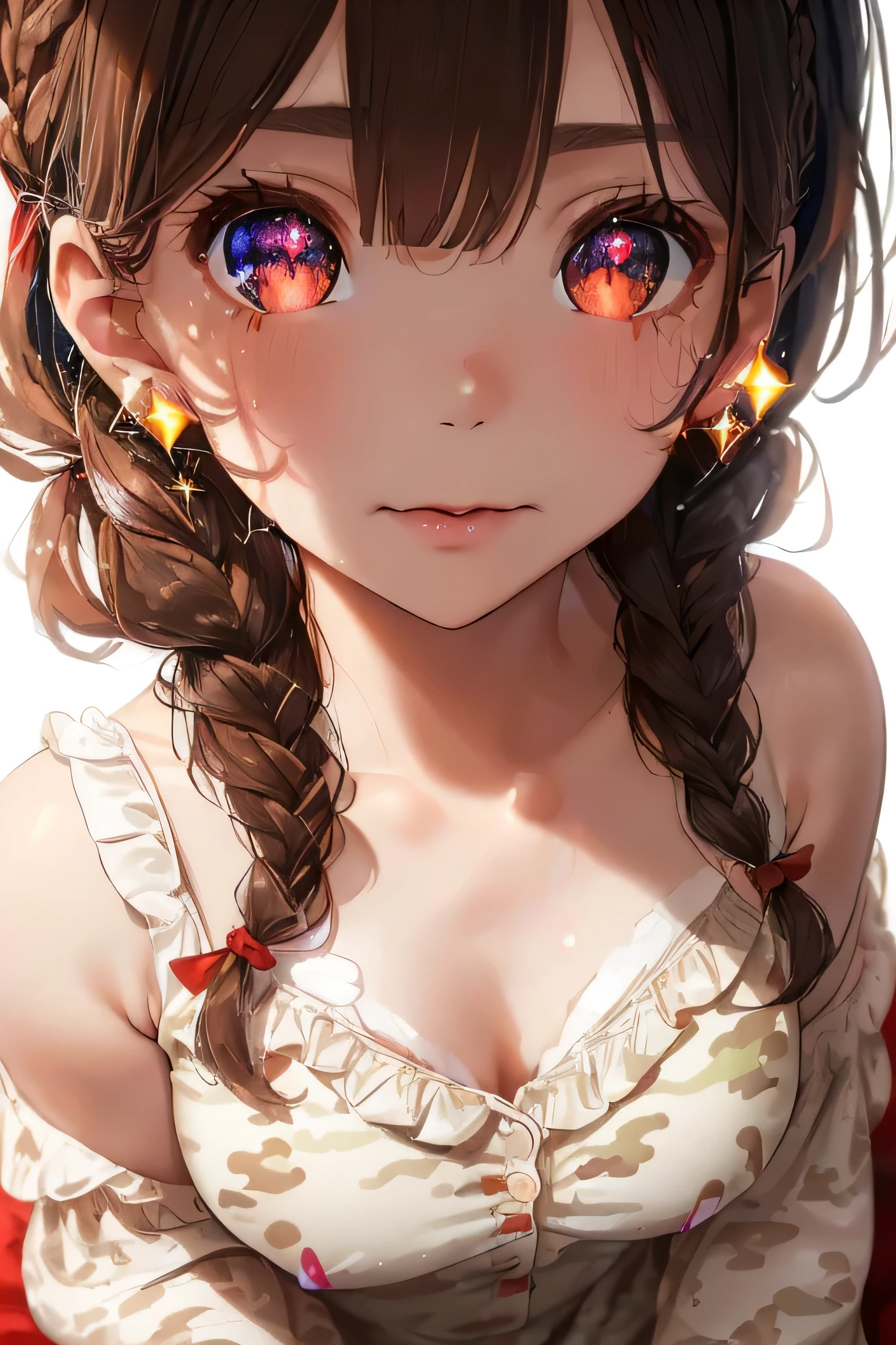 ((Brown Hair)),((Braided Short Hair)),(With bangs:1.25),(had black eyes:1.2),(Eyes sparkling:1.5),(Eye size:1.5),A slight red tide,(Pajama long sleeve cardigan clothes with lots of frills),(Hair band made of fluffy material),((White, red tint,cream)),(colorful, Cute pajamas with camouflage pattern),(Cute fluffy socks like a fairy tale),((colorful and pop world view)),((The body shape is slender)),(Breast close-up:1.35),((Sleeveless negligee)),((Shorts made of soft and voluminous sweat material)),(room style),(Face close-up:2.0),(Sitting on the couch),(Browsing Caution:1.25),(Sun-blocking gesture&#39;One ray&#39;hand of:1.25),(A cheerful smile)