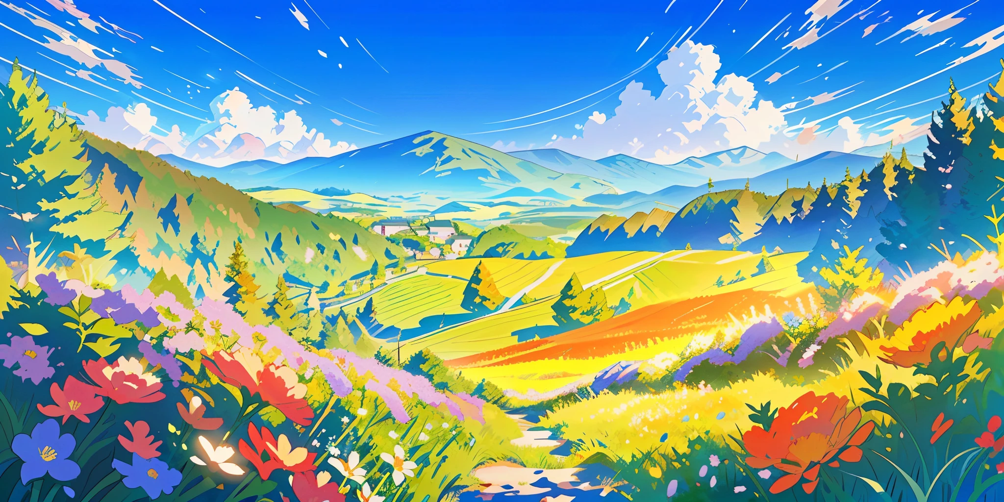 pixel art,masterpiece,ultra detailed,best quality,animevibes,scenery,blurry,blue sky,bright sky,blue sky image,outdoors,no humans,No artificial materials,No structure,noon,Flower Field,grassland,summer,