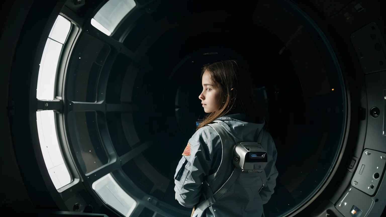 a girl in a spacesuit standing behind a spaceship window, looking into empty black space