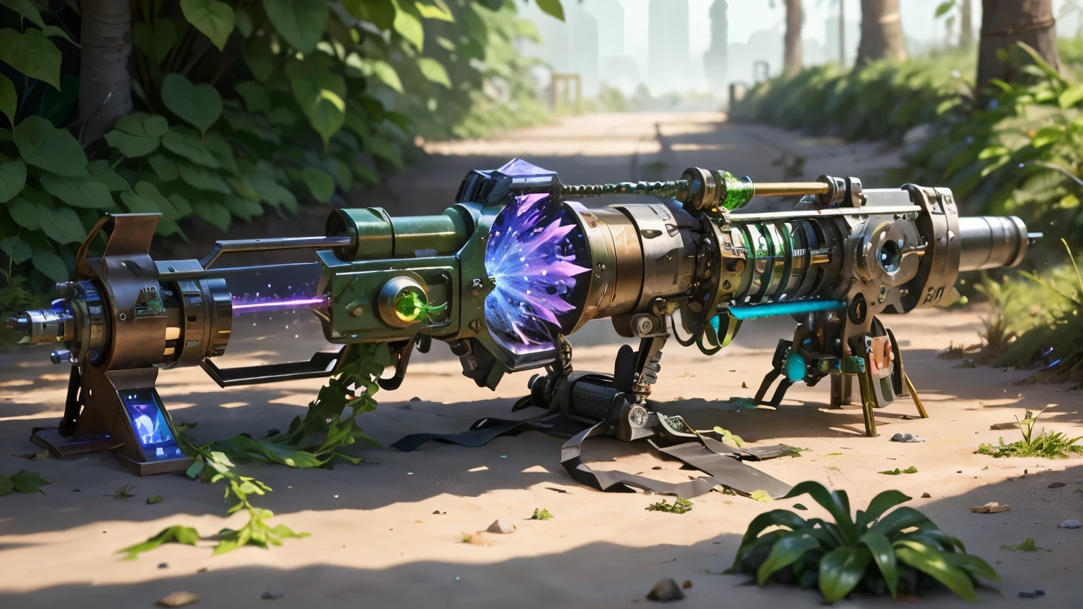 Science Fiction，unmanned，Gun with plants and crystals，Glowing rainbow gun，plasma，Plant and machine combination，moss，The vine plant attached to the gun，cgi，Realism，Light and Shadow，HD，Extreme details，high resolution，Outdoor scene on the ground，There are colorful particles floating around
