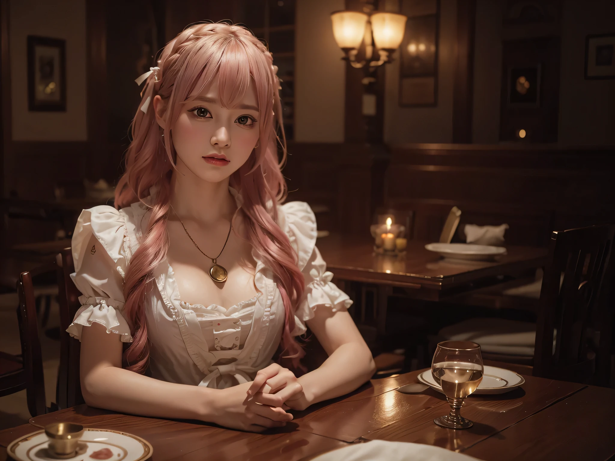 (Tabletop, highest quality, Tabletop,highest quality,Official Art, 8K wallpapers), girl,Chiquita,Long hair, Pink Hair, Wavy Hair, Small breasts,(Dynamic color lolita outfit), barefoot, Skirt flip,European Restaurant,candlestick,wall,Tableware, (Skins with the highest level of detail: 1,2), (Highest level of detail on the dial:1.2), Front light, night, Warm White Light, Look at the camera,