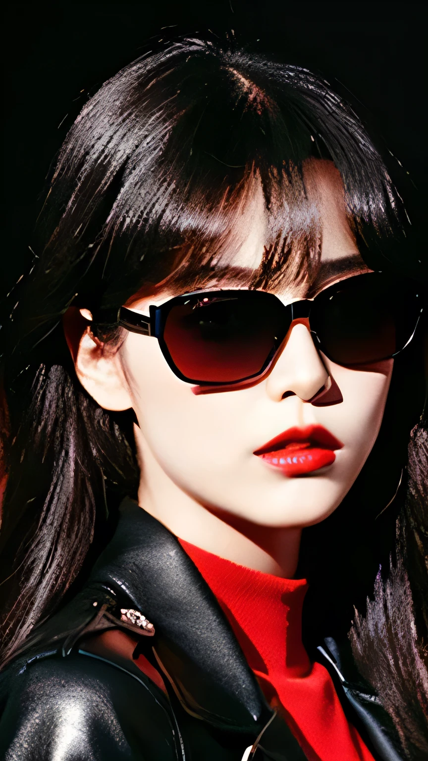 Female, Stylish, Foxy pitch black sunglasses, dark hair, leather jacket, long straight hair, bright red lips, dark background, glaring