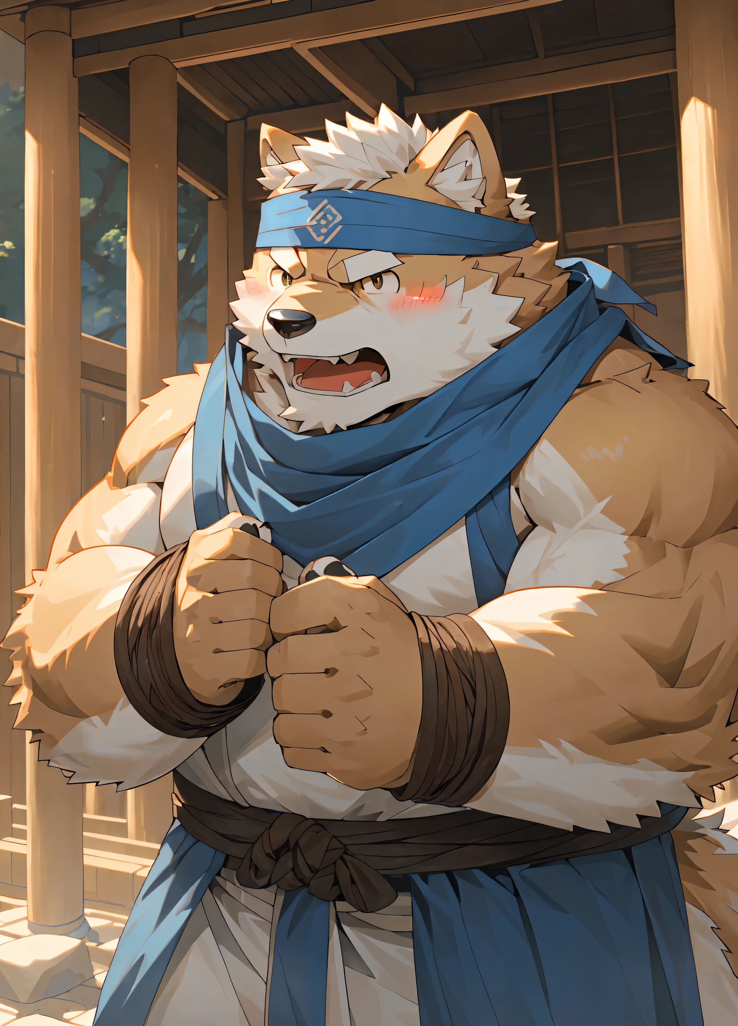 (masterpiece),(Very detailed),(best quality),hairy,Shiba Inu,fur,white hair,Gray pupil,(Japan samurai attire),((blue scarf)),((brown headband)),(blush:1.1),(Pretend to be angry),((Pretend to be fierce)),Temple Background,8K,(high quality),(Ultra high quality),(Super detailed)