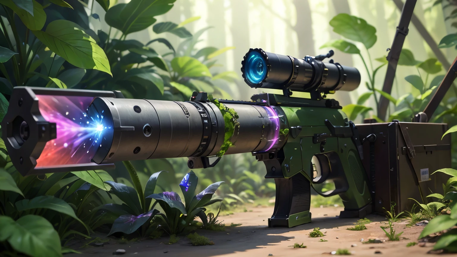 Science Fiction，unmanned，Gun with plants and crystals，Glowing rainbow gun，plasma，Plant and machine combination，moss，The vine plant attached to the gun，cgi，Realism，Light and Shadow，HD，Extreme details，high resolution，Outdoor scene on the ground，There are colorful particles floating around
