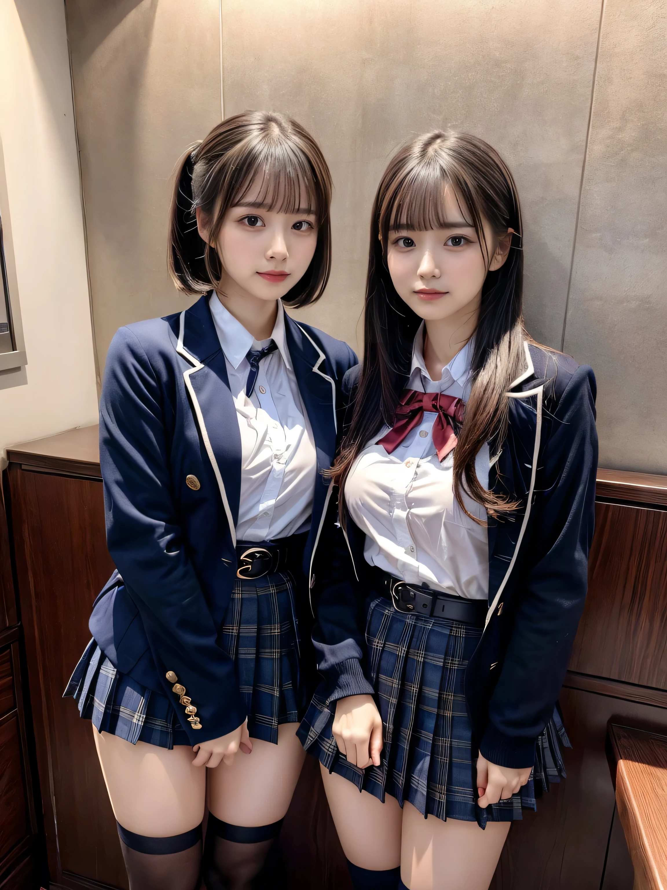 (8K, Raw photography, top-quality, masterpiece:1.2), muster piece, best quality, illustration, Super detailed, fine details, High resolution, 8K,wall paper, perfect dynamic composition,(Details High quality, realistic depiction of eyes:1.3), ((2 girls, 2 schoolgirls)), The background is a luxury hotel room、High school girl uniform、blazer 、Super Short Check Uniform Skirt、Navy blue high socks、garterbelts、Colossal tits、Disturbed uniform, Play with each other,Touching each other's bodies,Touching the body of the girl next door, short bob hair, black hair color, huge breasts, Big Natural Color Lip, bold sexy pose, (perfect body shape), crying a little、cold gaze, Beautiful makeup,glitter makeup,Cutest 18 years old、 beautiful legs, hposing Gravure Idol, Voluptuous thighs