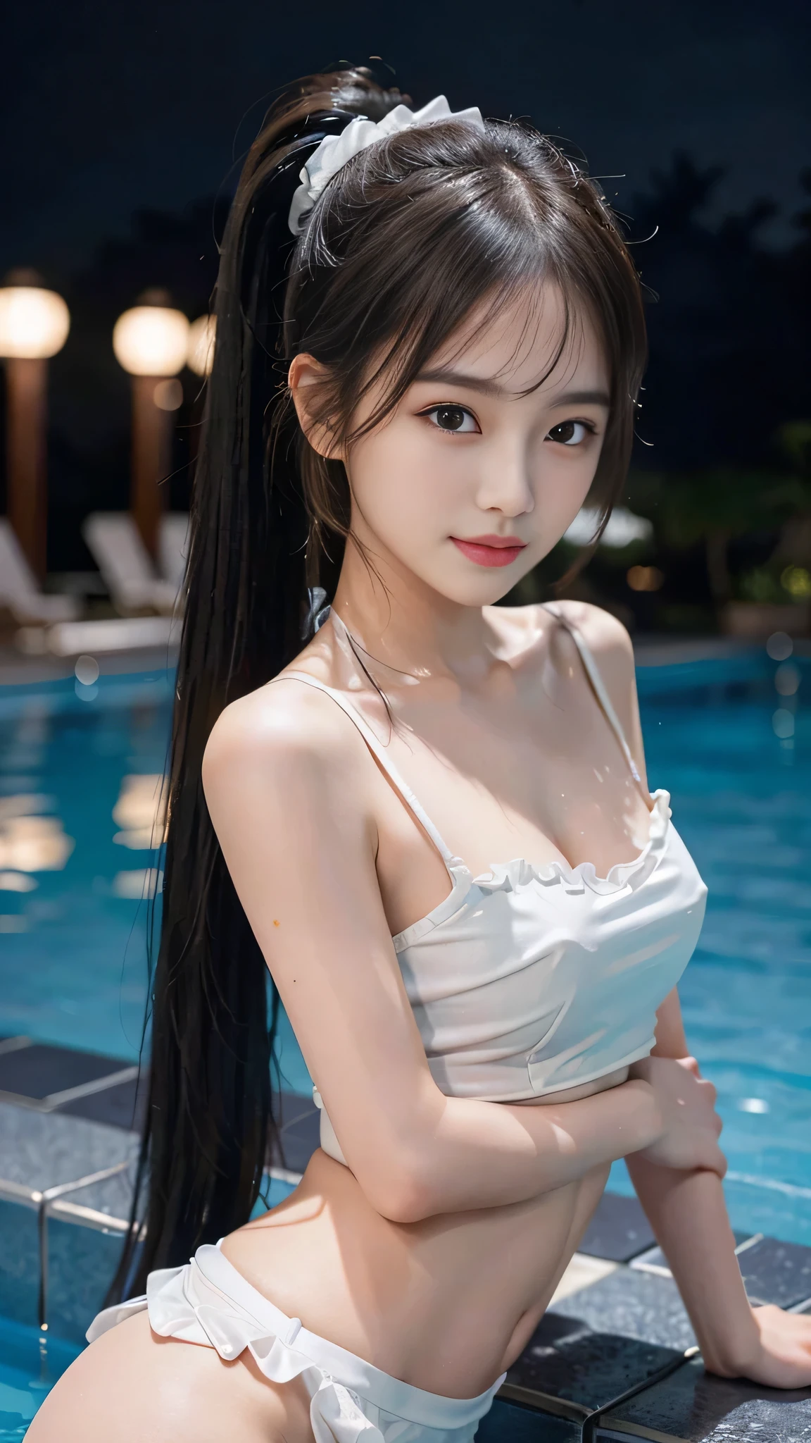 night,It's dark outside,Resort Pool lit up with neon lights at midnight,Ruffled bikini,Close up face,One woman,masutepiece, The highest image quality, High quality, the background is clear,Beautiful woman, Japanese, Detailed, Detailed eyes, Detailed skin, Beautiful skin, 超hight resolution, (reality: 1.4),Very beautiful woman, Slightly younger face, Beautiful skin, slender, (Ultra photo realsisim), (hight resolution), (8K), (Very detailed) (beautifully detailed eyes), (super detailed), (Detailed face), view the viewer, Fine details, Detailed face, Staring straight ahead, Staring straight ahead, photos realistic, Bright lighting, Professional Lighting, Black hair,poneyTail,a ,fifteen ye: ponytail,Long ponytail hairstyle,slight smile,neat and tidy clothing,Beautiful Japanese KPOP idol photo, hair style is ponytail, my eyes are double and wide, baby face, smile and look ahead, slender, small breasts,Close up face,