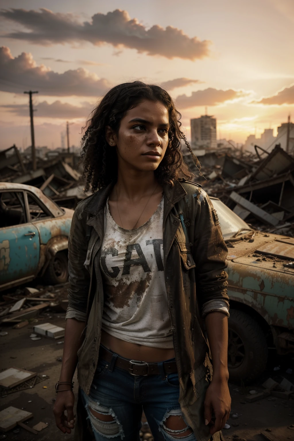 Create an image of an apocalyptic Brazilian city in high-definition detail, showcasing the aftermath of a catastrophic event. The cityscape will be filled with crumbling buildings, rusted steel structures, and abandoned vehicles, all bathed in the eerie glow of a lingering sunset (sunset: 1.3).
The protagonist, a 30-year-old Brazilian woman with dark, curly hair and intense, sorrowful eyes, is portrayed standing amidst the ruins. She is dressed in tattered clothes, her face covered in grime and dust, yet her expressed determination reveals a resilient spirit (determination: 1
