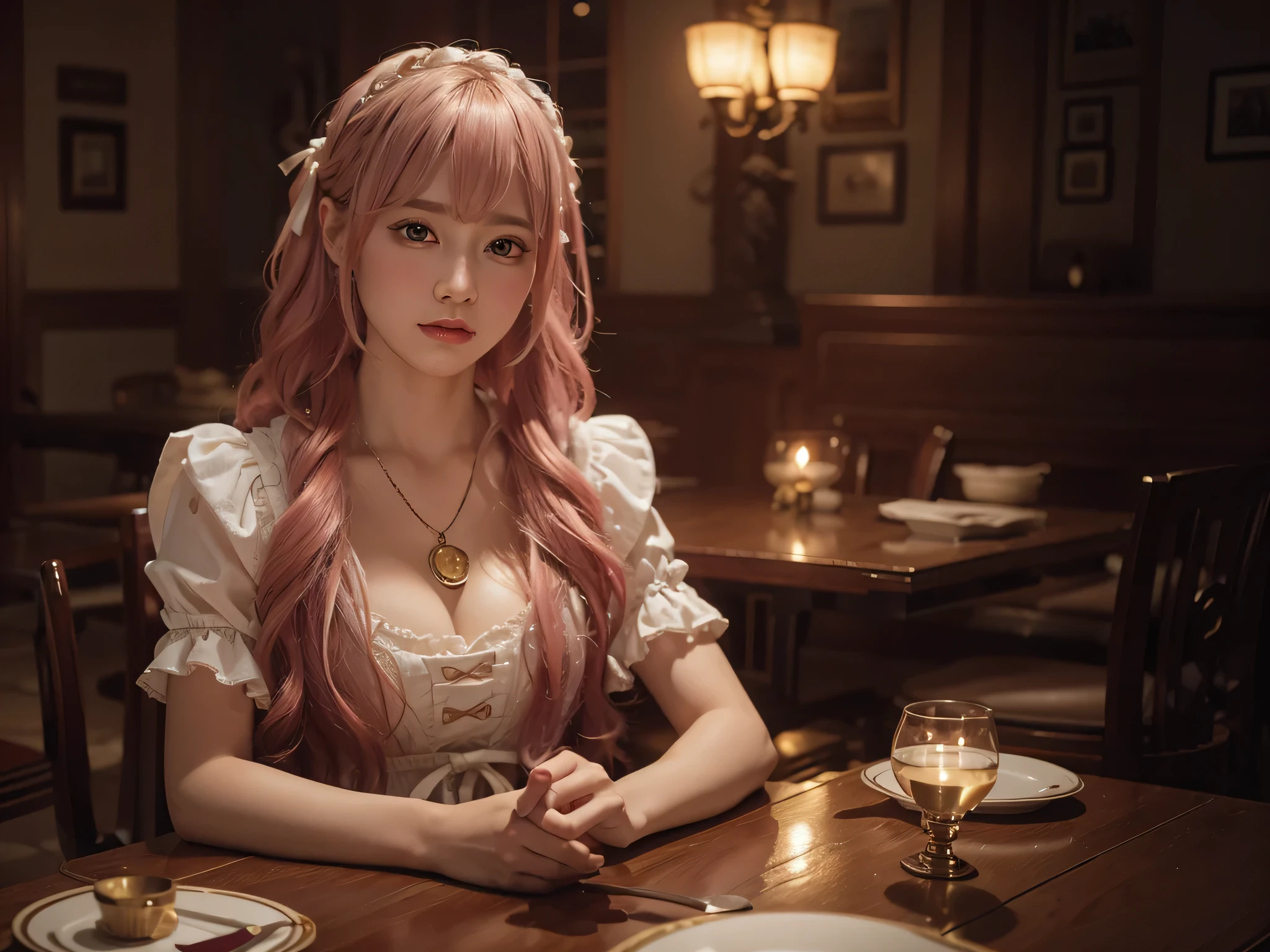 (Tabletop, highest quality, Tabletop,highest quality,Official Art, 8K wallpapers), girl,Chiquita，Long hair, Pink Hair, Wavy Hair, Small breasts,(Dynamic color lolita outfit), barefoot, Skirt flip,European Restaurant，candlestick，wall，Tableware， (Skins with the highest level of detail: 1,2), (Highest level of detail on the dial:1.2), Front light, night, Warm White Light, Look at the camera,