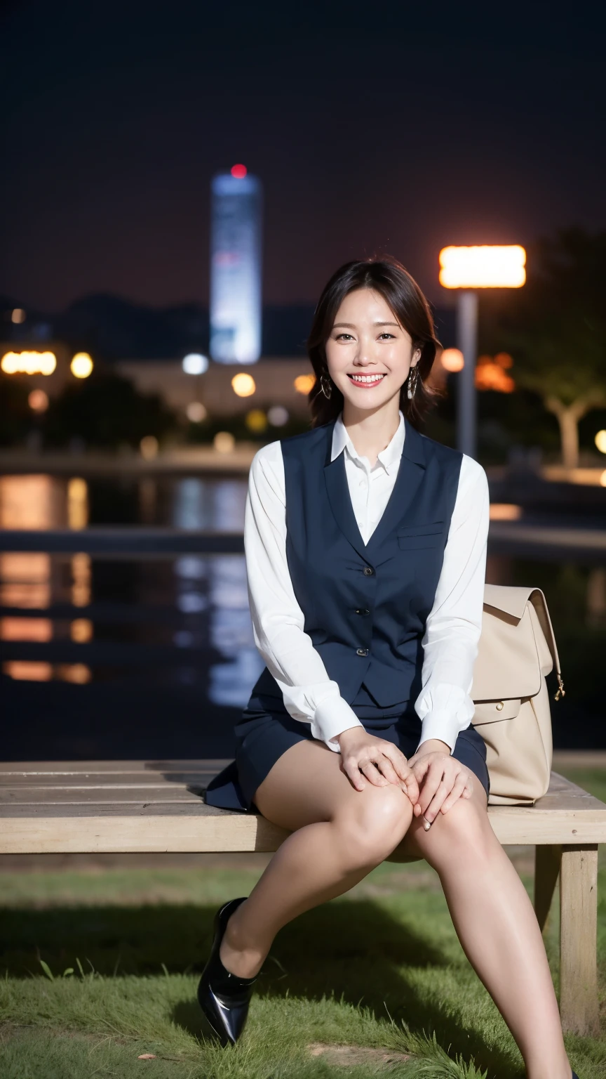 最high quality, In 8K, Masseter region, Vibrant, Sharp focus, high quality, High resolution, Detailed face, fine grain, Thick lips, (Looking at the audience), alone, Beautiful woman, 38 years old, Japanese women, (Short black hair:1.4)、(Bob Hair:1.4), Cleavage, Lunch break、Large city park、Green Grass、In front of a big fountain、(sitting on a park bench:1.3)、(Full body photo:1)、(Uniform of a Japanese female bank employee), (wearing a dark blue vest over a white blouse :1.5),( the vest has three vertical gold buttons:1.5), ( a red, blue, and white ribbon tie around her neck :1.6)、(Black pumps:1.5)、(Red lipstick:1)、(smile:1.3)、(standard body type)、(D cup breasts)