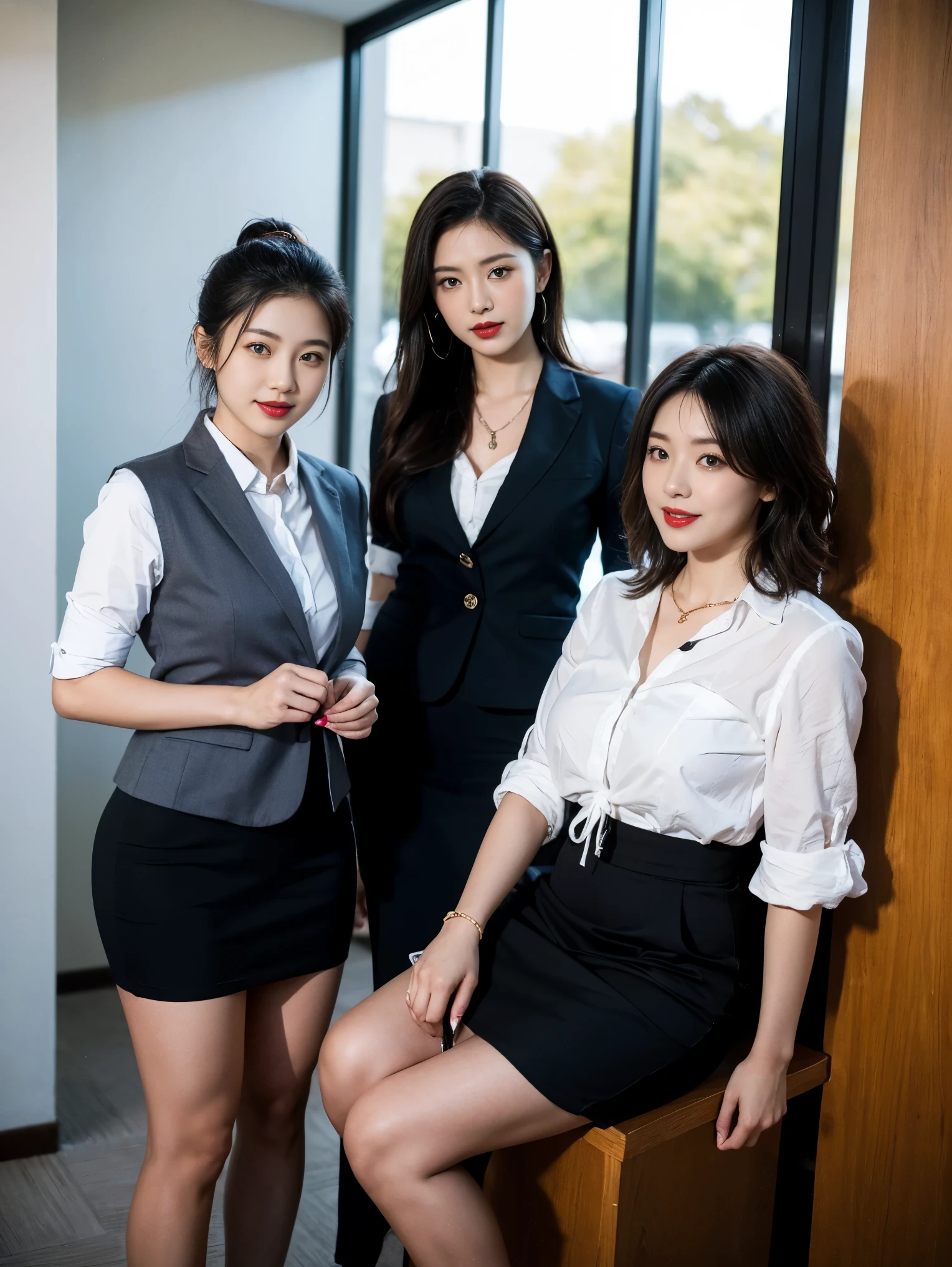 (highest quality, masterpiece, Realistic, Very detailed, Ultra-high resolution, to be born:1.3), (Three Girls:1.５), beautiful, Japanese women, Mature Woman, 38 years old, 最新式のoffice、office workers, (smile), (Short black hair)、Bob Hair, necklace, (office, indoor, Glass Room), ( Black pumps：1.2）, （whole body:1.2), (D cup breasts:1.3), (crowd)、（Thick legs：1.3）、（standard body type：1.4）、D cup breasts、Uniform of a Japanese female bank employee, wearing a dark blue vest over a white blouse, the vest has three vertical gold buttons, and a red, blue, and white ribbon tie around her neck、Knee-length pencil skirt、White ruffled blouse、Red lipstick、真珠のnecklace、
