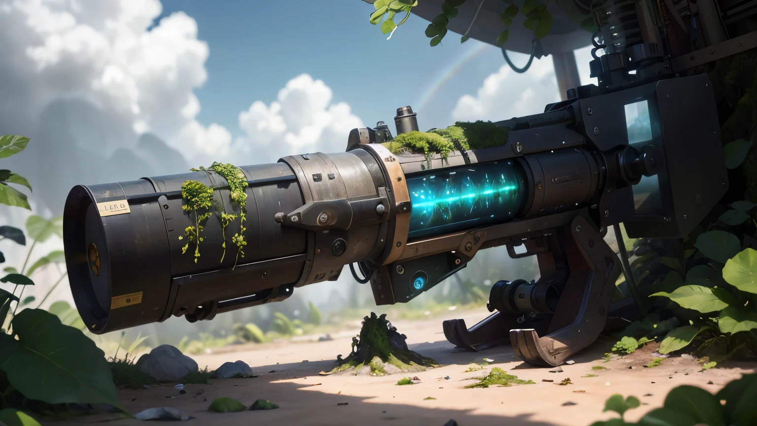 Science Fiction，unmanned，Gun with plants and crystals，Glowing rainbow gun，plasma，Plant and machine combination，moss，The vine plant attached to the gun，cgi，Realism，Light and Shadow，HD，Extreme details，high resolution，Outdoor scene on the ground，There are colorful particles floating around
