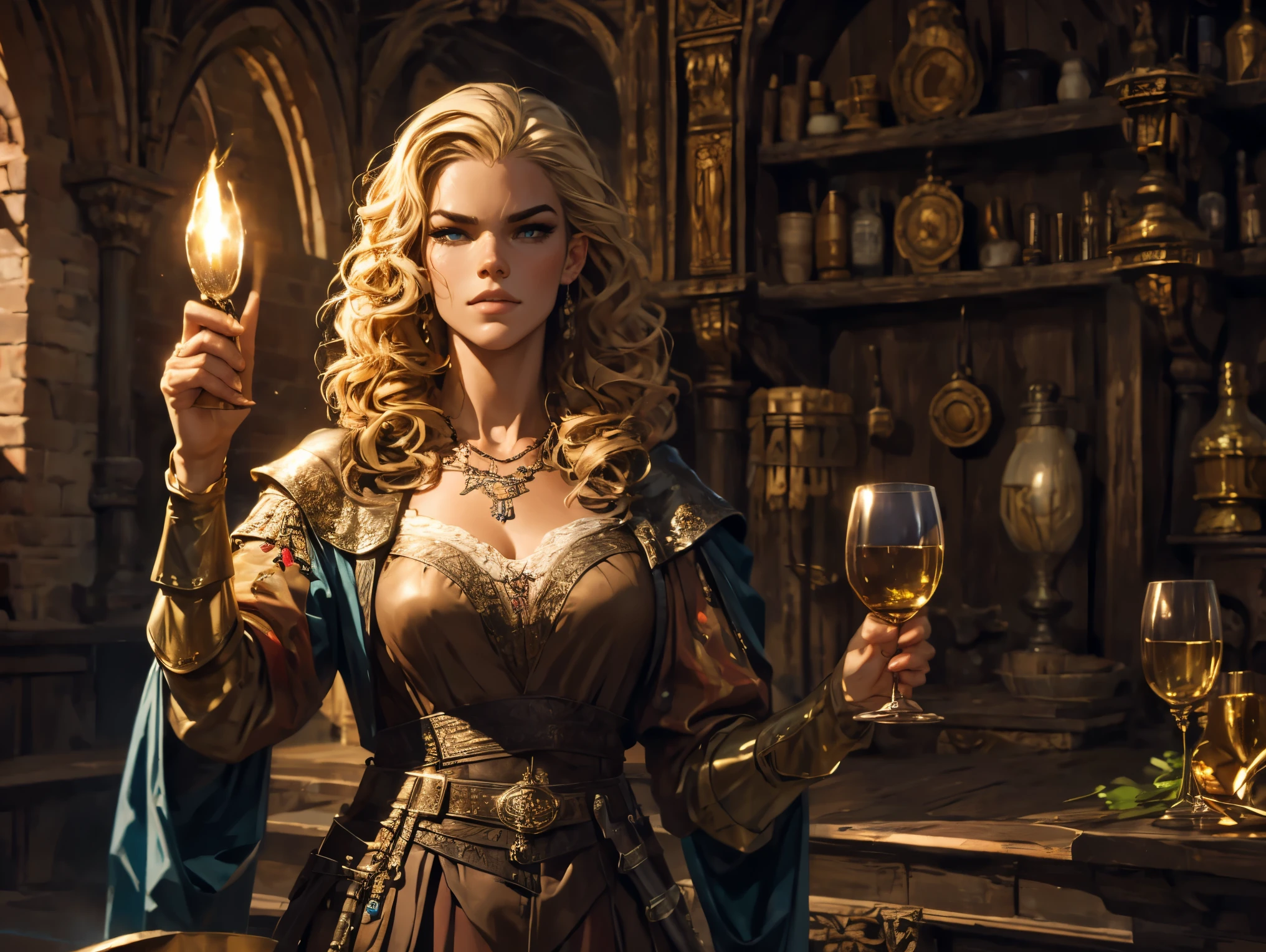 There is a woman standing in a shop with jars of fruit, a fantasy portrait, wine bottles, graphic artist Magali Villeneuve, book portrait RPG, art station by Alexander Fomin, fantasy concept art portrait, concept art RPG portrait, fantasy role-playing game book illustration, fantasy character portrait, artistic character portrait, medieval outfit, European face, big eyes, smile, coquette --auto --s2