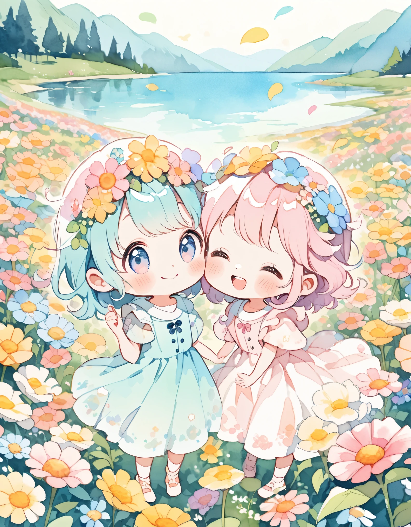 Boys and Girls, Cheek to cheek, ((Flower Field, pastel colour)), Lakeside, content:Watercolor. style:Whimsical and delicate, Like an illustration in a children&#39;s book.