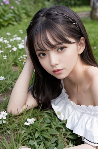 a lot of details, (slender waist), 30 years old, detailed black hair, beautiful detailed hair, super fucking beautiful, complex details beautiful and delicate eyes, perfect hands, (small breasts best quality), perfect and delicate limbs, detailed skin, best quality, ultra-detailed,
wonderland, a kitty, glad, laughing, lying on back, single braid, (white shorts), (red off shoulder top), in the flower garden, full body shot, front view, overhead shot
