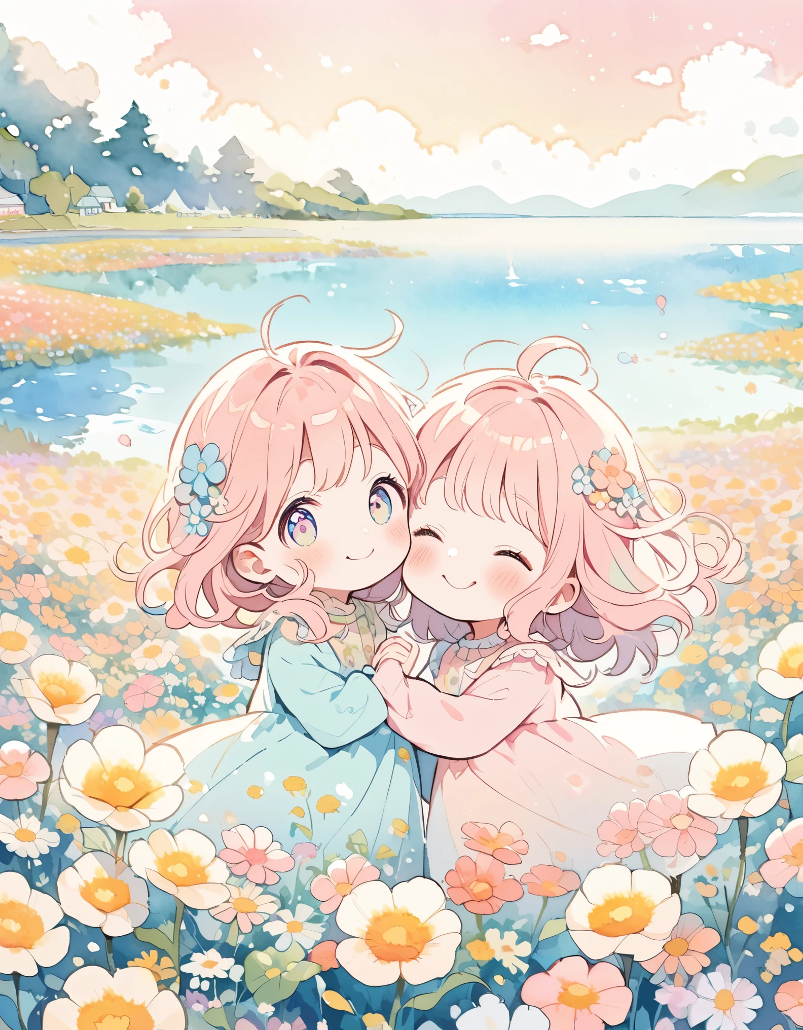 Boys and Girls, Cheek to cheek, ((Flower Field, pastel colour)), Lakeside, content:Watercolor. style:Whimsical and delicate, Like an illustration in a children&#39;s book.