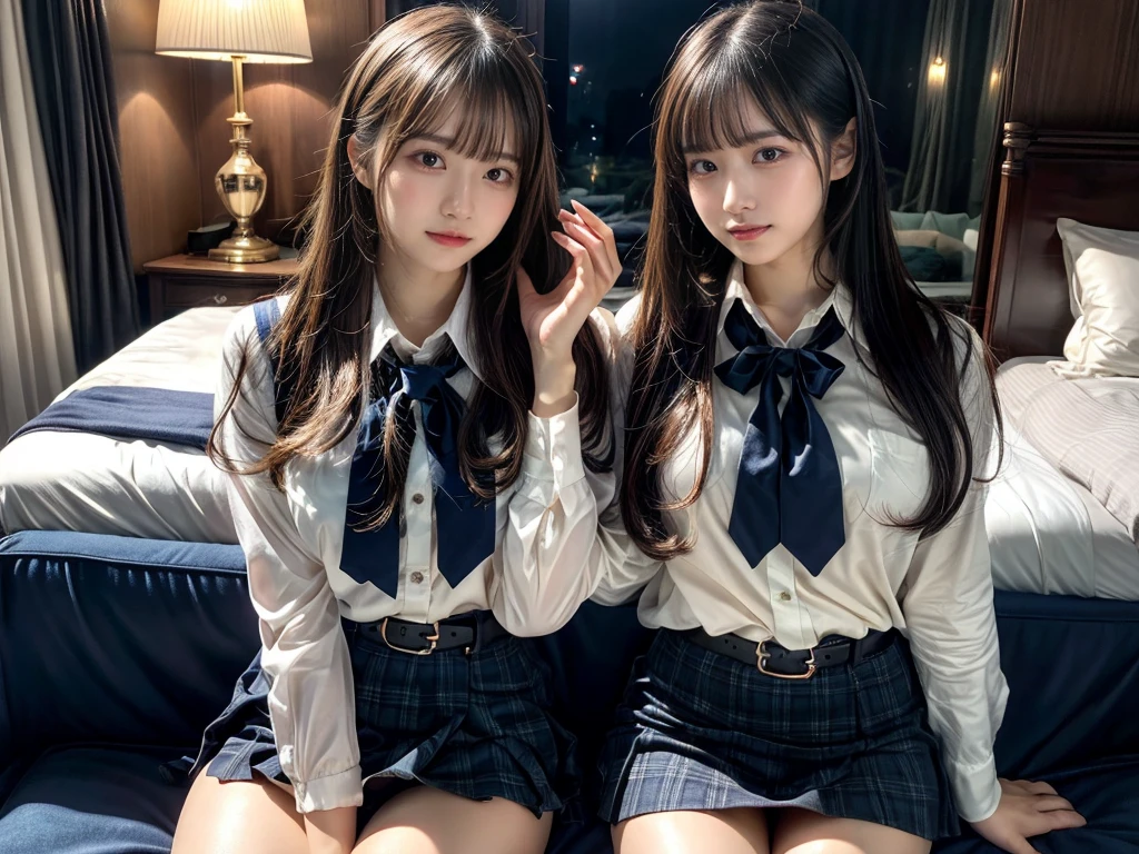 (8K, Raw photography, top-quality, masterpiece:1.2), master piece, best quality, illustration, Super detailed, fine details, High resolution, 8K,wall paper, perfect dynamic composition,(Details High quality, realistic depiction of eyes:1.3), ((2 girls, 2 schoolgirls)), The background is a luxury hotel room、High school girl uniform、blazer 、Super Short Check Uniform Skirt、Navy blue high socks、garterbelts、Colossal tits、Disturbed uniform, Play with each other,Touching each other's bodies,Touching the body of the girl next door, short bob hair, black hair color, huge breasts, Big Natural Color Lip, bold sexy pose, (perfect body shape), crying a little、cold gaze, Beautiful makeup,glitter makeup,Cutest 18 years old, beautiful legs, hposing Gravure Idol, Voluptuous thighs