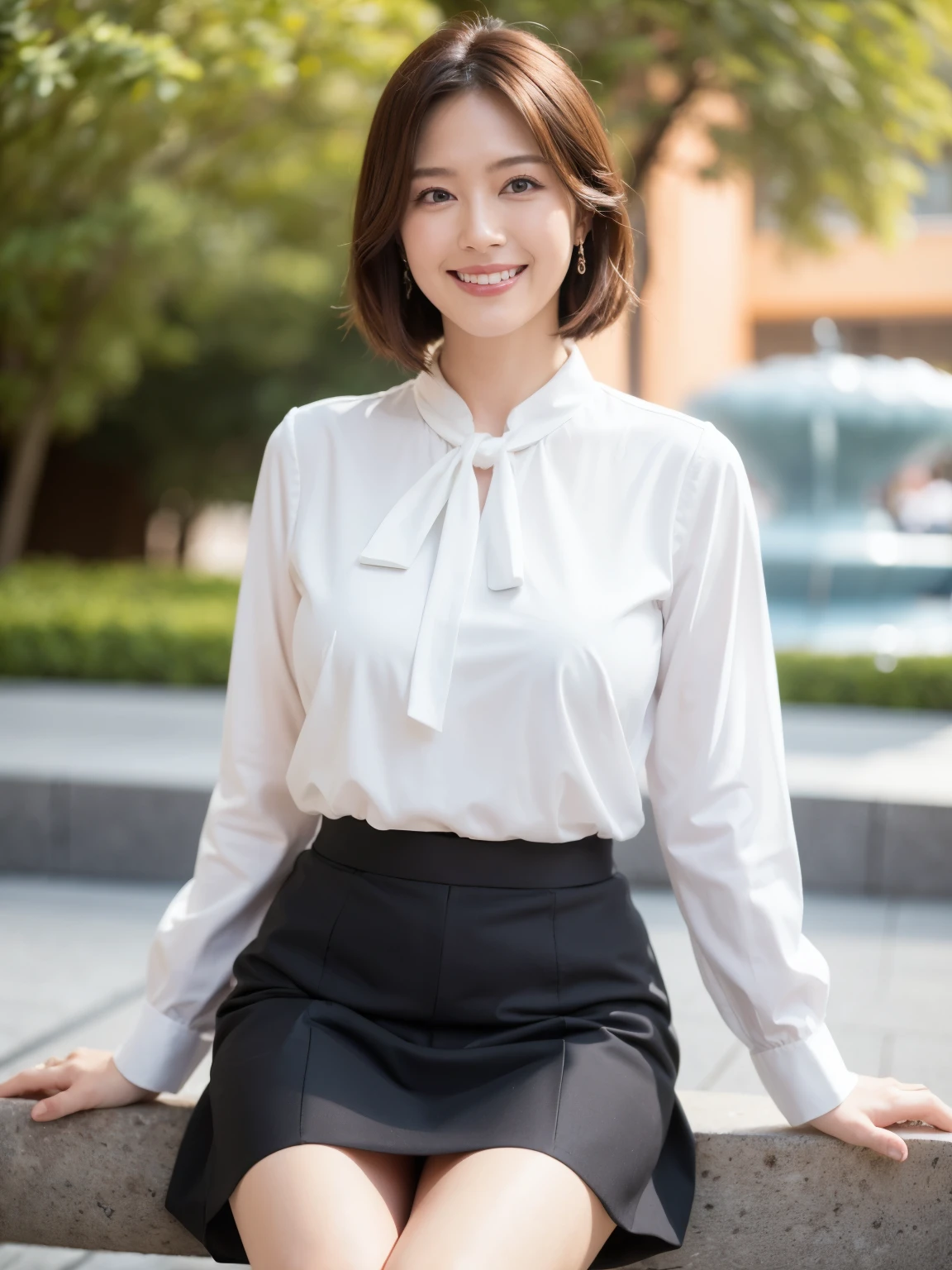 最high quality, In 8K, Masseter region, Vibrant, Sharp focus, high quality, High resolution, Detailed face, fine grain, Thick lips, (Looking at the audience), alone, Beautiful woman, 38 years old, Japanese women, (Short black hair:1.4)、(Bob Hair:1.4), Cleavage, Lunch break、Large city park、Green Grass、In front of a big fountain、(sitting on a park bench:1.3)、(Full body photo:1)、(Uniform of a Japanese female bank employee), (White blouse :1.5),( Wearing a gold buttoned vest:1.5), ( Red, blue and white ribbon tie :1.6)、(Black pumps:1.5)、(Red lipstick:1)、(smile:1.3)、(standard body type)、(D cup breasts)