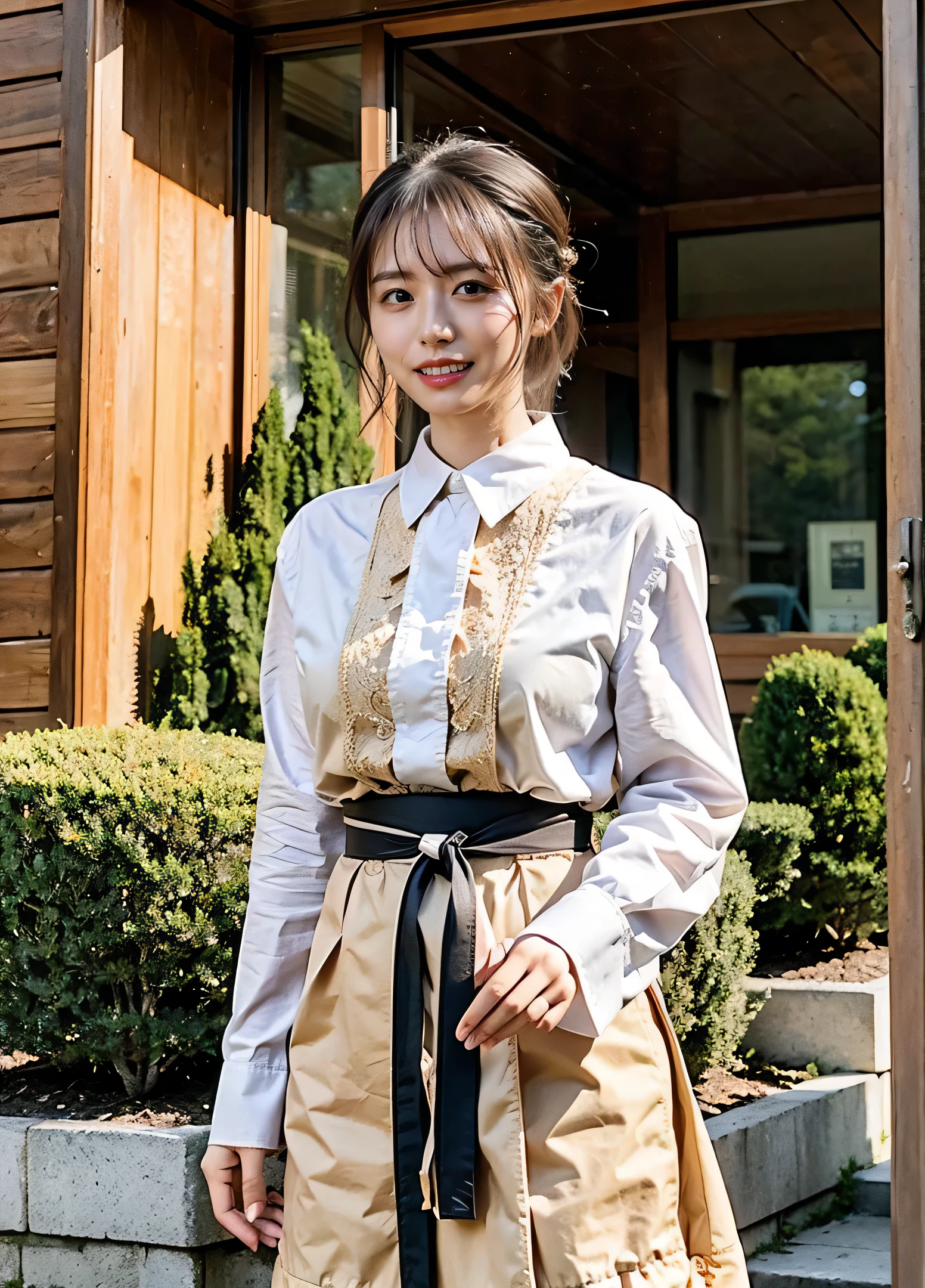 Fluffy perm hair、with rufflessleeveless、Braid only the front hair、Light brown hair、Teeth grinding、{{Cowgirl Shot}}、((Close-up shot from the waist up、Big Breasts:1.4))、Breast swelling、Big Breasts、Smile、Silk clothing、Big Breasts that can be seen even through clothes、Braid only the front hair、Cowboy Shot、A gorgeous white collared silk shirt and a brown skirt、wear elegantly、Luxury bags、Sex in a stylish love hotel with shining illuminations、A lovely smile、((Nagoya street corner))、Full body photo、ring、High-end clothing、Short skirt、Tuck your hair behind one ear、Silver Necklace、smile、 Elegant ponytail、Caustics、Highly detailed photos、Very beautiful ideal short hair、Big Breasts、Super no makeup、(8k、RAW Photos、highest quality、masterpiece:1.2)、(Realistic、Realistic)、1 girl、((Medium Short Hair、Looking into the camera:1.4))、Hair blowing in the wind