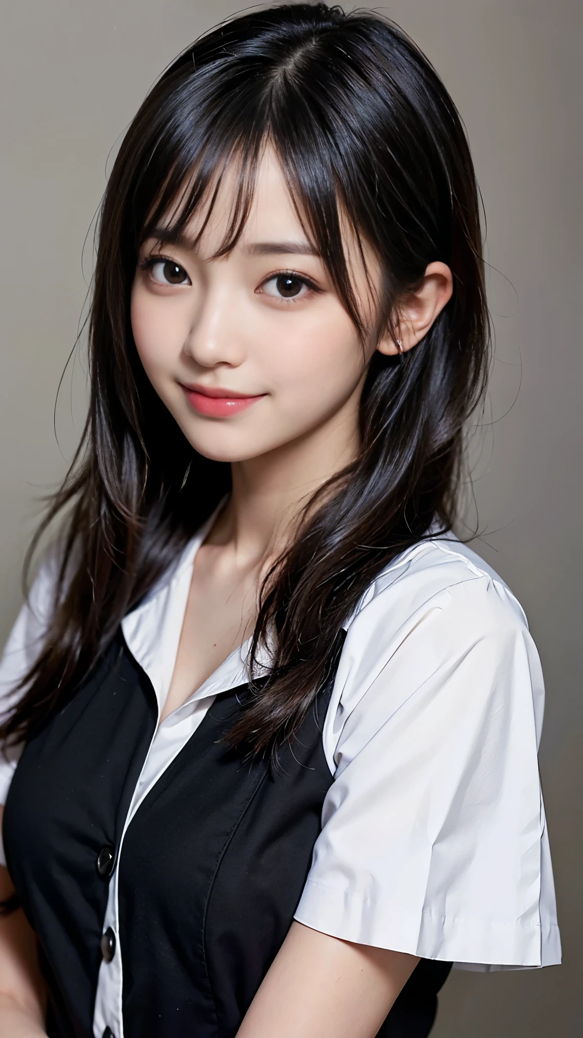 ((highest quality、Masterpiece、High resolution))、(((Zoom photo of upper body、Black Hair)))、(A shy smile:1.2)、One woman、Beautiful Skin、Beautiful Eyes、Large Breasts、Nurse uniform、Trimmed bangs、Semi-long hair