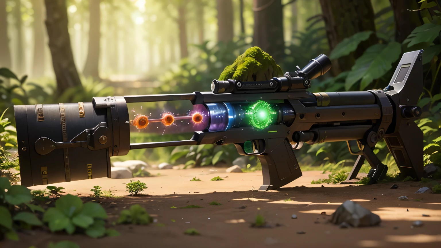 Science Fiction，unmanned，Gun with plants and crystals，Glowing rainbow gun，plasma，Plant and machine combination，moss，The vine plant attached to the gun，cgi，Realism，Light and Shadow，HD，Extreme details，high resolution，Outdoor scene on the ground，There are colorful particles floating around
