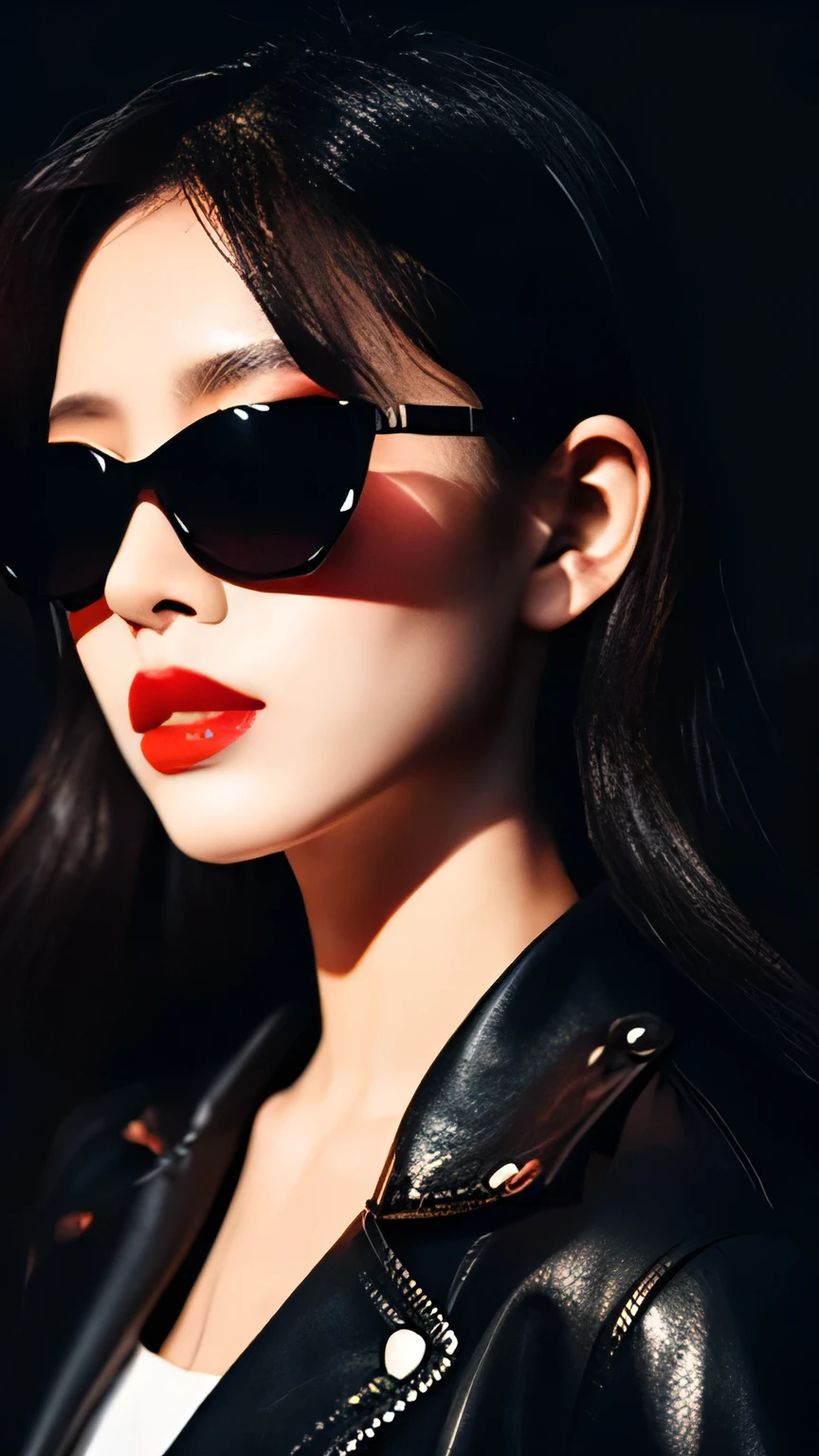 Female, Stylish, Foxy pitch black sunglasses, dark hair, leather jacket, long straight hair, bright red lips, dark background, glaring