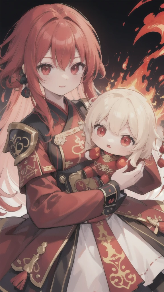 (best quality, Vibrant colors:1.2),red bobblehead doll,Vibrant red eyes,Red and black Hanfu armor,Red gloves,cockfighting,Armor that glows with fire