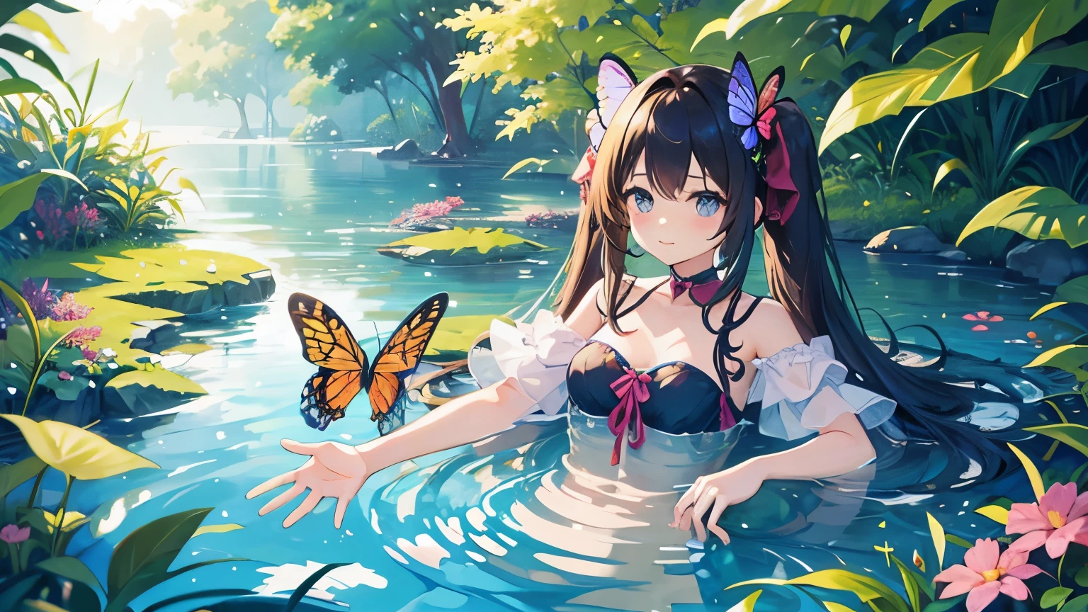 Cute Girl Characters、Depicts an overgrown butterfly lying and fluttering on the water's surface, Look up at the starry sky. Surround her with colorful nebulae and her favorite constellations.