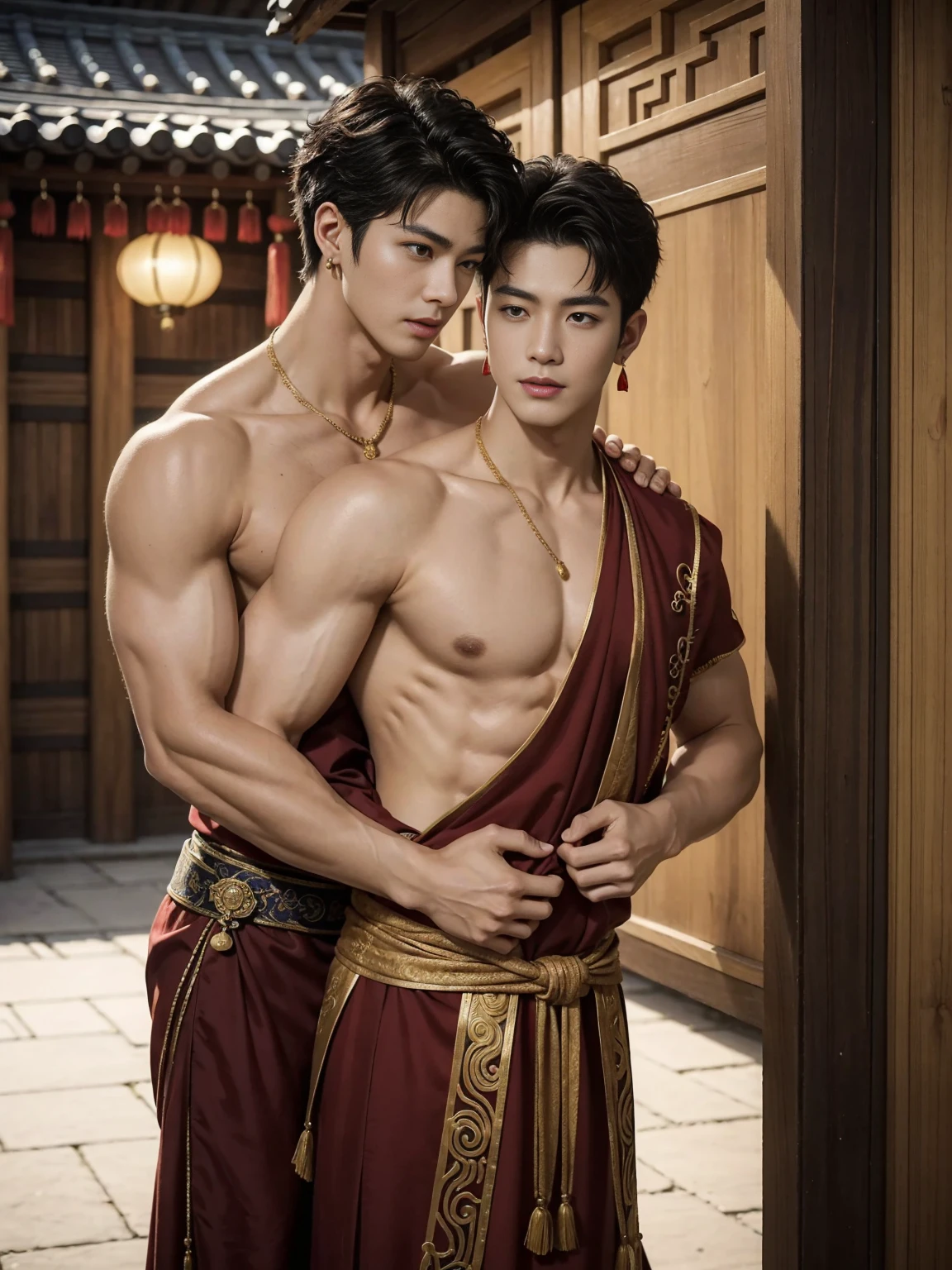 Two handsome boys kiss, Smile at each other, striking ,Embrace, kiss, touch the lips, cuddle, Romantic,skin contact, 中國male神, myth, Practical, Journey to the West, Super handsome,male子气概, Korean Idol, handsome korean actor, 20 years old,, Delicate face, male子气概 jawline, male子气概 chin, Detailed messy curly hair styling, Topless, muscle, Swelling of chest muscles,Plump and athletic figure, Full frame,full-body shot, Sexy, Practical, Human skin,rough real skin, Professional studio lighting, Red long Tibetan outfit, Full of jade and gold pendants , Jewelry details on the dress, earrings,Chinese temple background,outdoor, Ultra detailed background,Looking at the camera , open mouth, Under the loin cloth, warrior, Hanfu red wedding dress, male, Nobel Prize, seduce , Bare chest , Mostly juicy ass, just be frank,Perfect hand details