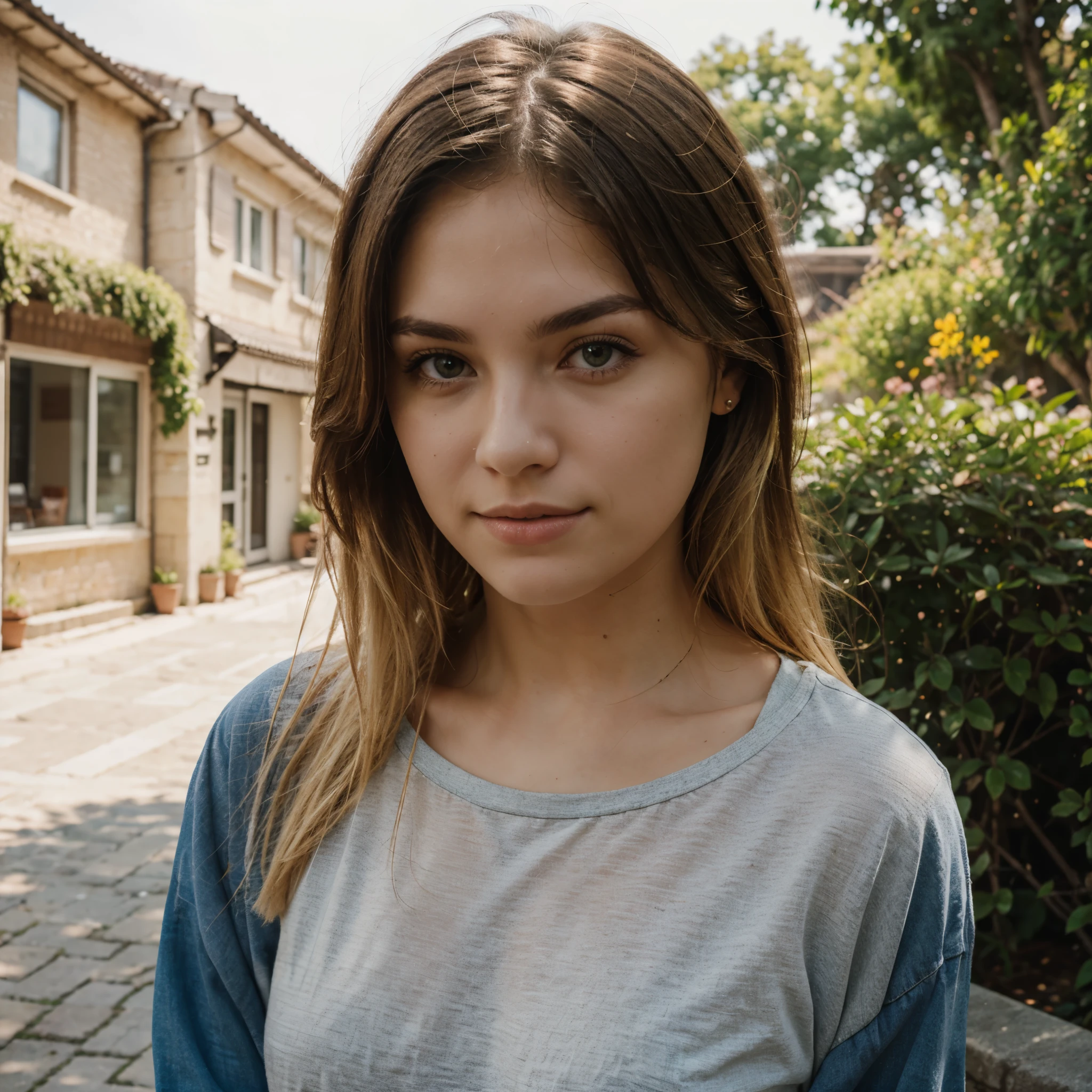 outdoor photograph, portrait, blonde woman in their 20s, sunny environment, 25mm lens