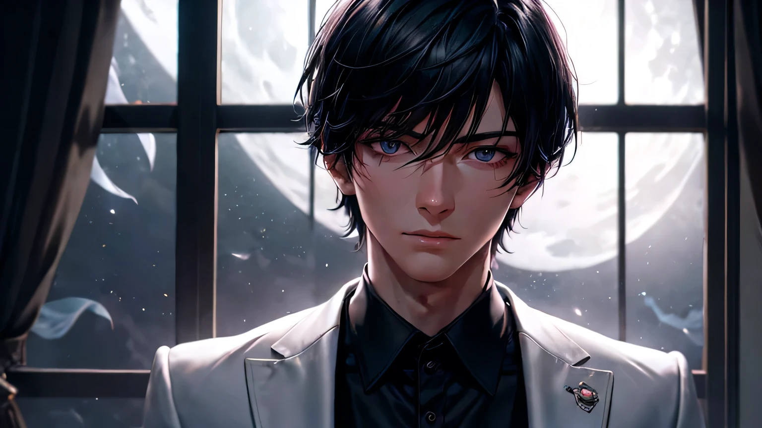night, Pitch black, By the window, Handsome boy, White suit, panic, Energy flow, Red moonlight, Iris, Super detail of the face, Short black hair, Super detail of the face, Very realistic, 4K, Chiaroscuro, Ultra high definition