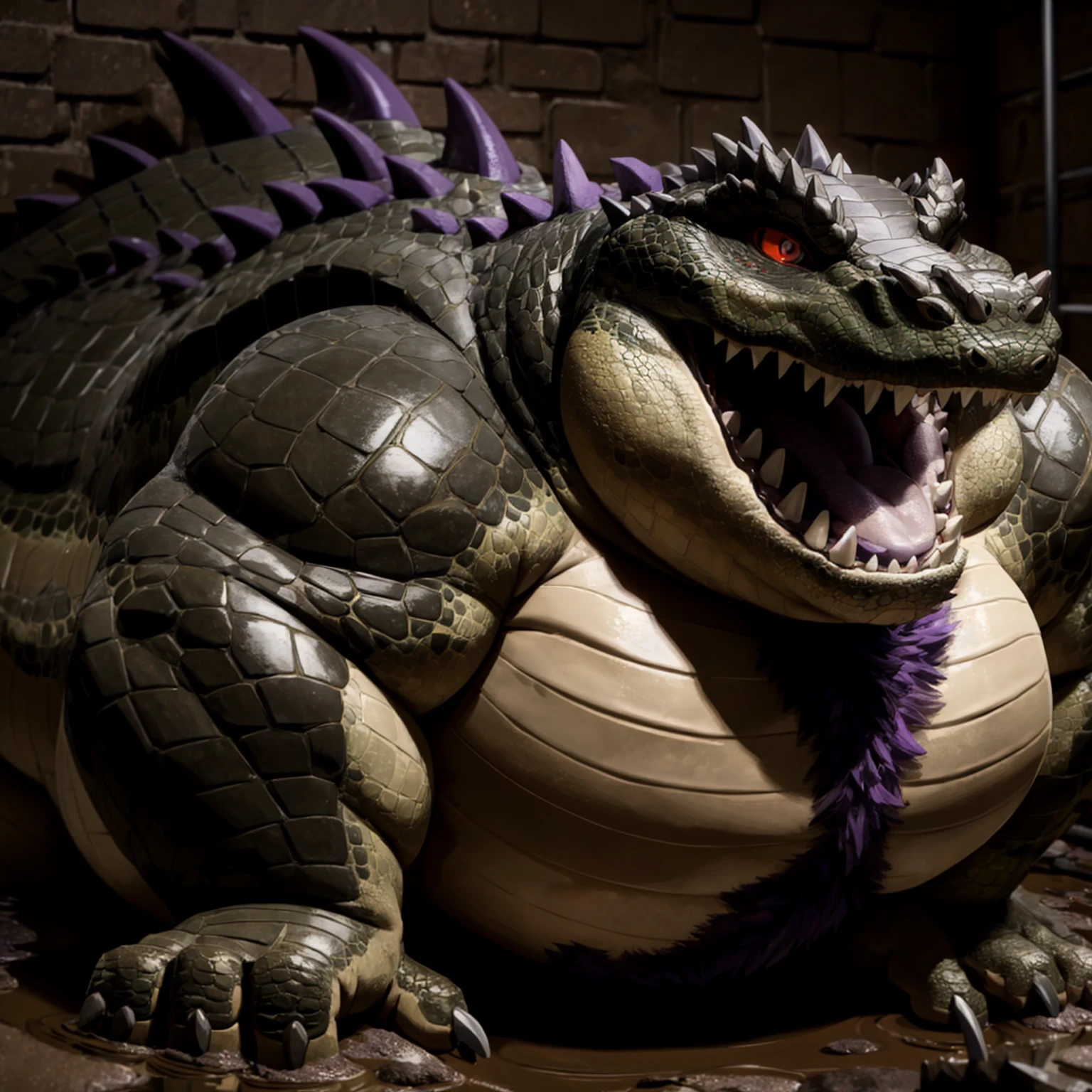 A very obese male dragon、Purple scale dragon、Crocodile-like scales、Composition looking up from diagonally below、Hands touching belly、Very short legs、All fours pose、A pile of mud、Sharp toenails、Face facing up、Roaring crocodile face、Anime-style crimson eyes、Abnormally obese abdomen、A fat underbelly that spreads to the ground、Abnormally obese abdomen、Very obese face、Abnormally fatty neck、A belly as swollen as a mountain、Armpit Hair、chest hair、pubic hair、Wide open mouth expression、A body that fills the screen、basement background、Hard mud background