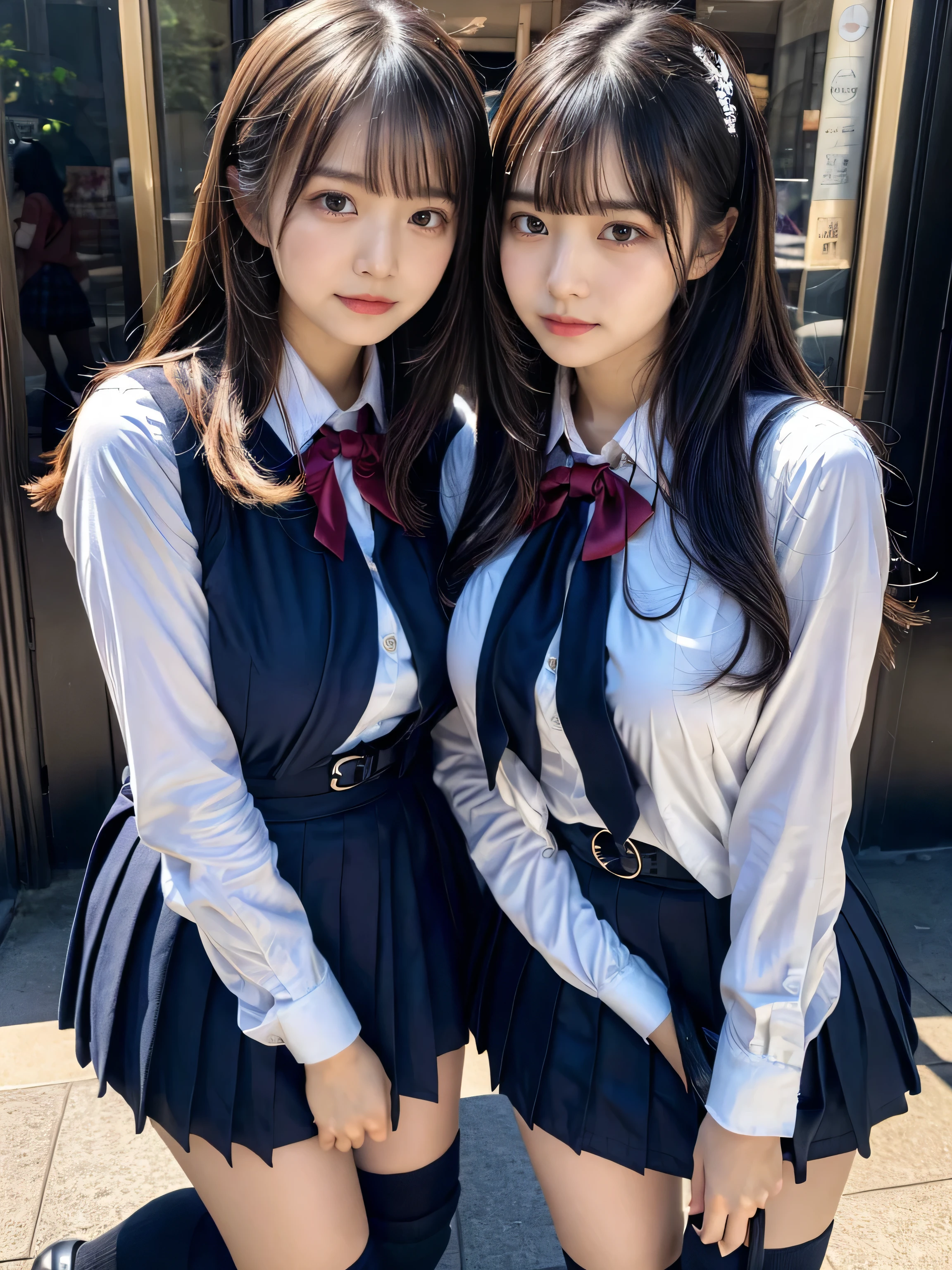 (8K, Raw photography, top-quality, masterpiece:1.2), muster piece, best quality, illustration, Super detailed, fine details, High resolution, 8K,wall paper, perfect dynamic composition,(Details High quality, realistic depiction of eyes:1.3), ((2 girls, 2 schoolgirls)), The background is a luxury hotel room、High school girl uniform、blazer 、Super Short Check Uniform Skirt、Navy blue high socks、garterbelts、Colossal tits、Disturbed uniform, Play with each other,Touching each other's bodies,Touching the body of the girl next door, short bob hair, black hair color, huge breasts, Big Natural Color Lip, bold sexy pose, (perfect body shape), crying a little、cold gaze, Beautiful makeup,glitter makeup,Cutest 18 years old、 beautiful legs, hposing Gravure Idol, Voluptuous thighs