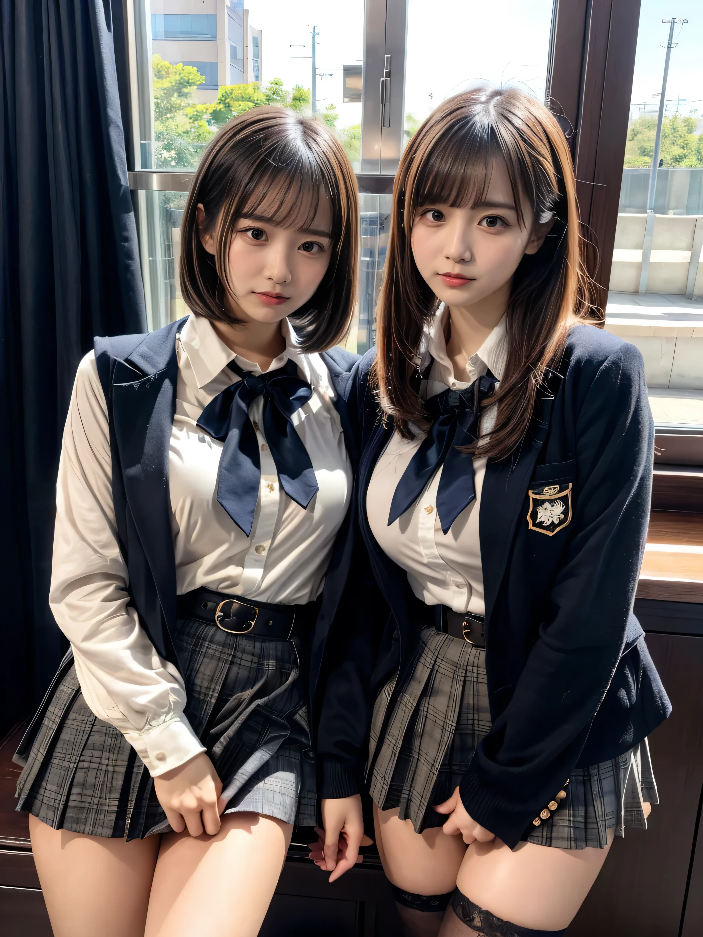 (8K, Raw photography, top-quality, masterpiece:1.2), muster piece, best quality, illustration, Super detailed, fine details, High resolution, 8K,wall paper, perfect dynamic composition,(Details High quality, realistic depiction of eyes:1.3), ((2 girls, 2 girls)), The background is a luxury hotel room、High school girl uniform、blazer 、Super Short Check Uniform Skirt、Navy blue high socks、garterbelts、Colossal tits、Disturbed uniform, Play with each other,Touching each other's bodies,Touching the body of the girl next door, short bob hair, black hair color, huge breasts, Big Natural Color Lip, bold sexy pose, (perfect body shape), crying a little、cold gaze, Beautiful makeup,glitter makeup,Cutest 18 years old、 beautiful legs, hposing Gravure Idol, Voluptuous thighs