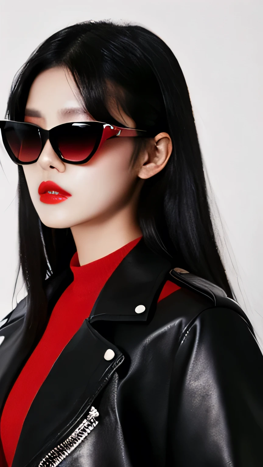 Female, Stylish, Foxy pitch black sunglasses, dark hair, leather jacket, long straight hair, bright red lips, dark background, glaring