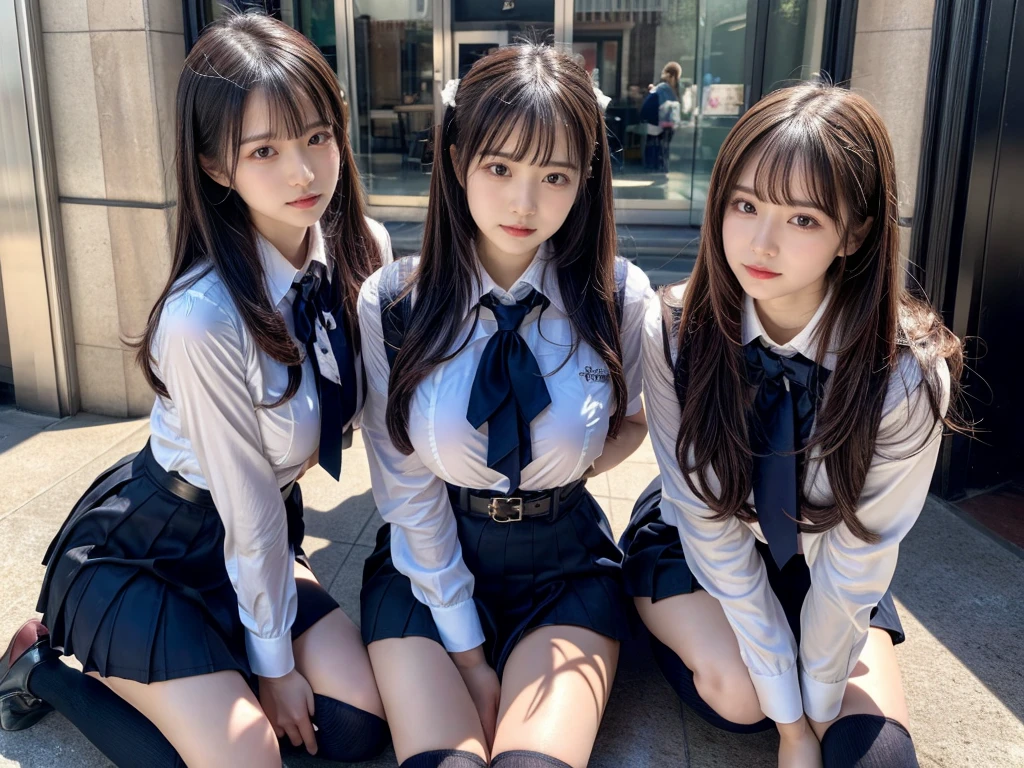 (8K, Raw photography, top-quality, ​masterpiece:1.2), master piece, best quality, illustration, Super detailed, fine details, High resolution, 8K,wall paper, perfect dynamic composition,(Details High quality, realistic depiction of eyes:1.3), ((2 girls, 2 schoolgirls)), The background is a luxury hotel room、High school girl uniform、blazer 、Super Short Check Uniform Skirt、Navy blue high socks、garterbelts、Colossal tits、Disturbed uniform, Play with each other,Touching each other's bodies,Touching the body of the girl next door, short bob hair, black hair color, huge breasts, Big Natural Color Lip, bold sexy pose, (perfect body shape), crying a little、cold gaze,  Beautiful makeup,glitter makeup,Cutest 18 years old, beautiful legs, hposing Gravure Idol, Voluptuous thighs