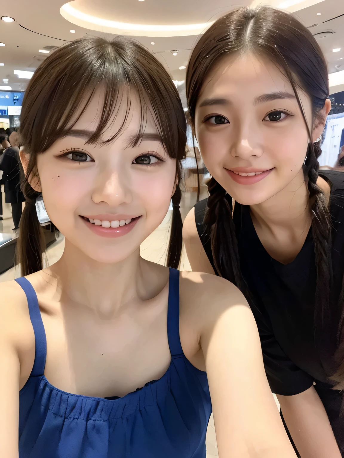 Two people、Smiling while shopping、fun、16 years old、whole body、slender、woman、White drool coming out of the mouth、Short hair, fair skin,Twin tails,、Super cute、Soft and Face、Brown Hair、8K resolution、Surreal、Ultra high definition、 Soft Body、A-cup small breasts（（Highest resolution、8k、masterpiece：1.3））、Ultra-fine face、Ultra Fine Lips、Beautiful Eyes、double eyelid,Girls&#39; High 、Red lender&#39;s figure、I can see your thighs、Shapely small breasts、