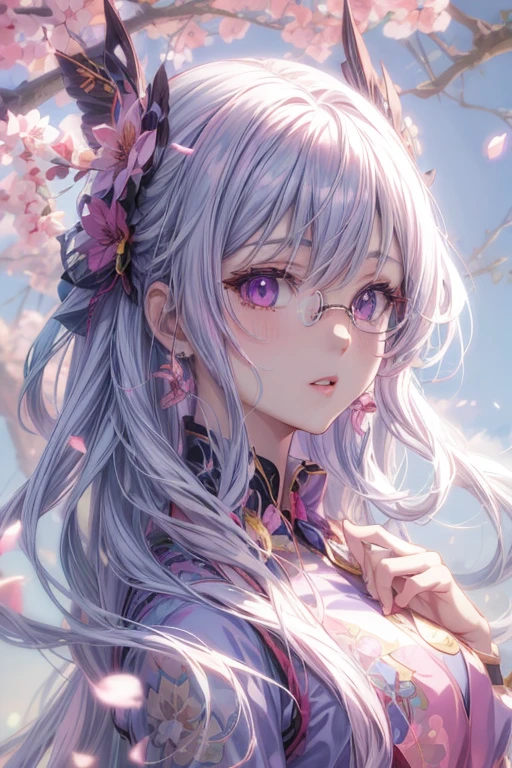 (Purple eyed glasses anime girl with long pink hair and flower crown), Detailed digital anime art, Beautiful anime portraits, Anime Style 4k, anime art wallpaper 4k, anime art wallpaper 4k, Detailed portrait of an anime girl, Anime Art Wallpapers 8K, Beautiful anime artwork, Detailed anime art, Stunning Anime Face Portraits, Detailed anime artwork, Beautiful Anime Girls, Beautiful anime art、
