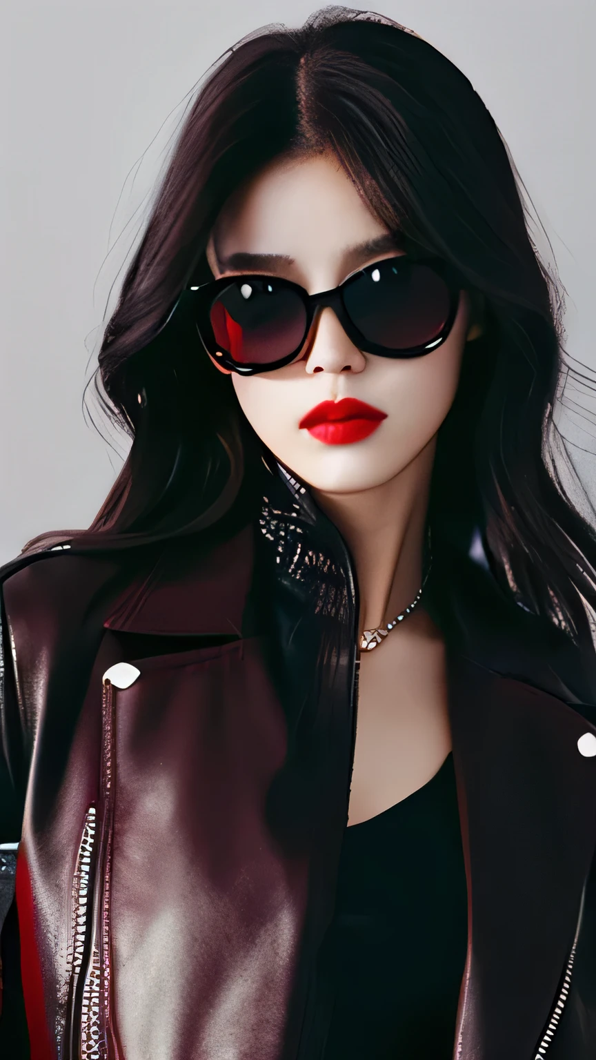 Female, Stylish, Foxy pitch black sunglasses, dark hair, leather jacket, long straight hair, bright red lips, dark background, glaring
