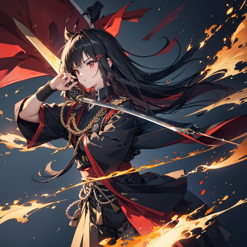 ((blackい髪　Long Hair　black　Military commander　one person　Lonely　Red Flag　Eye patch))　((night　Japanese style　old　Shining Aura))　(Dance　Flame Blade　Shining Japan sword　Draw your sword　Grasp the sword)　moon　star　Draw your sword　Slashing　Catch the wind　print　Tense face